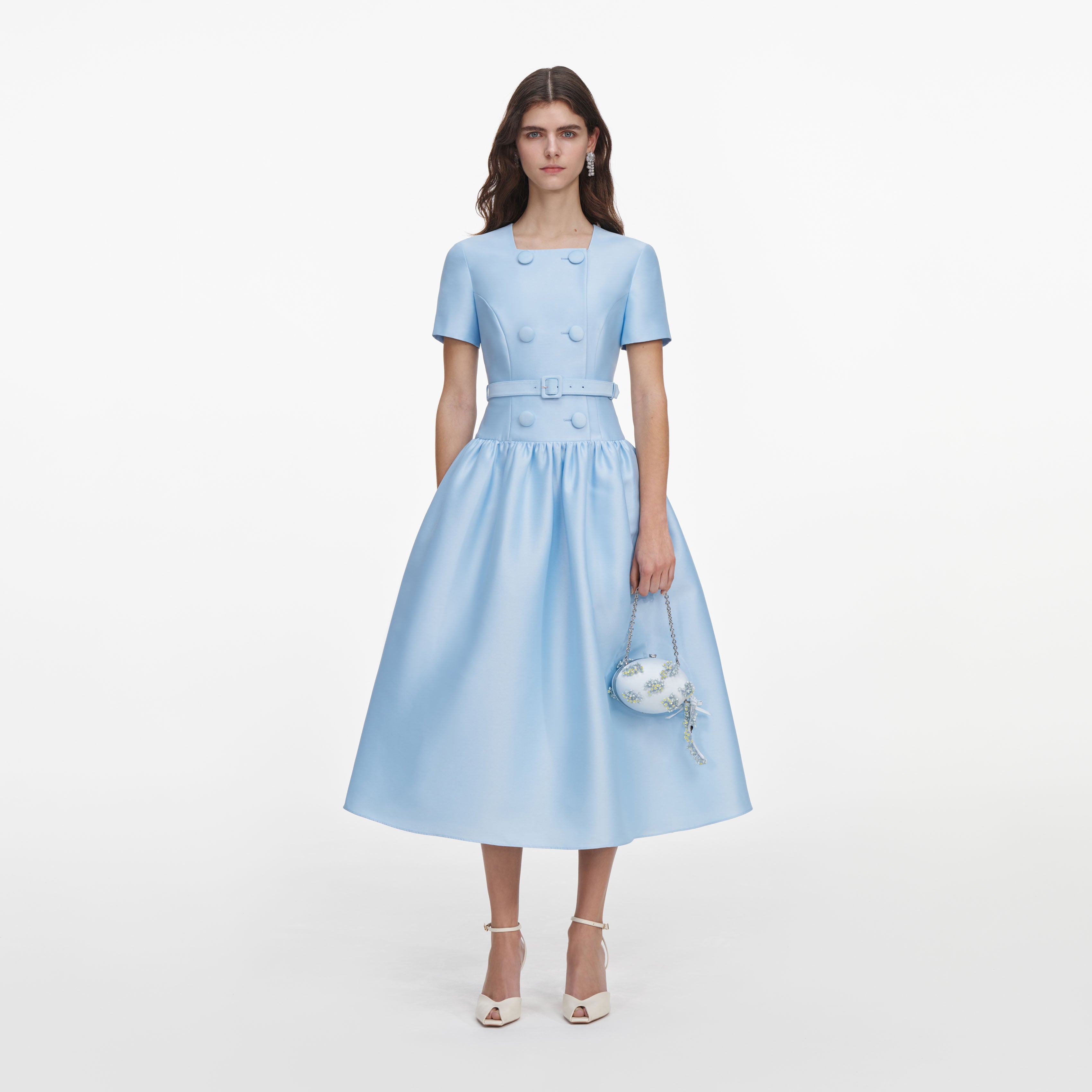 Blue Button Front Taffeta Midi Dress