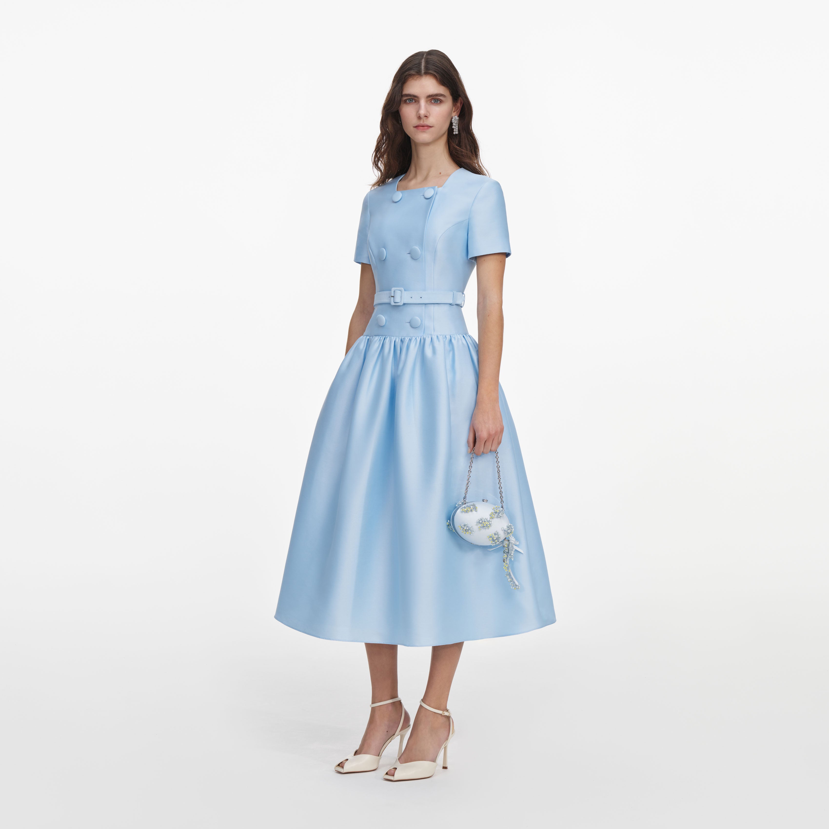 Blue Button Front Taffeta Midi Dress