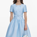 Blue Button Front Taffeta Midi Dress