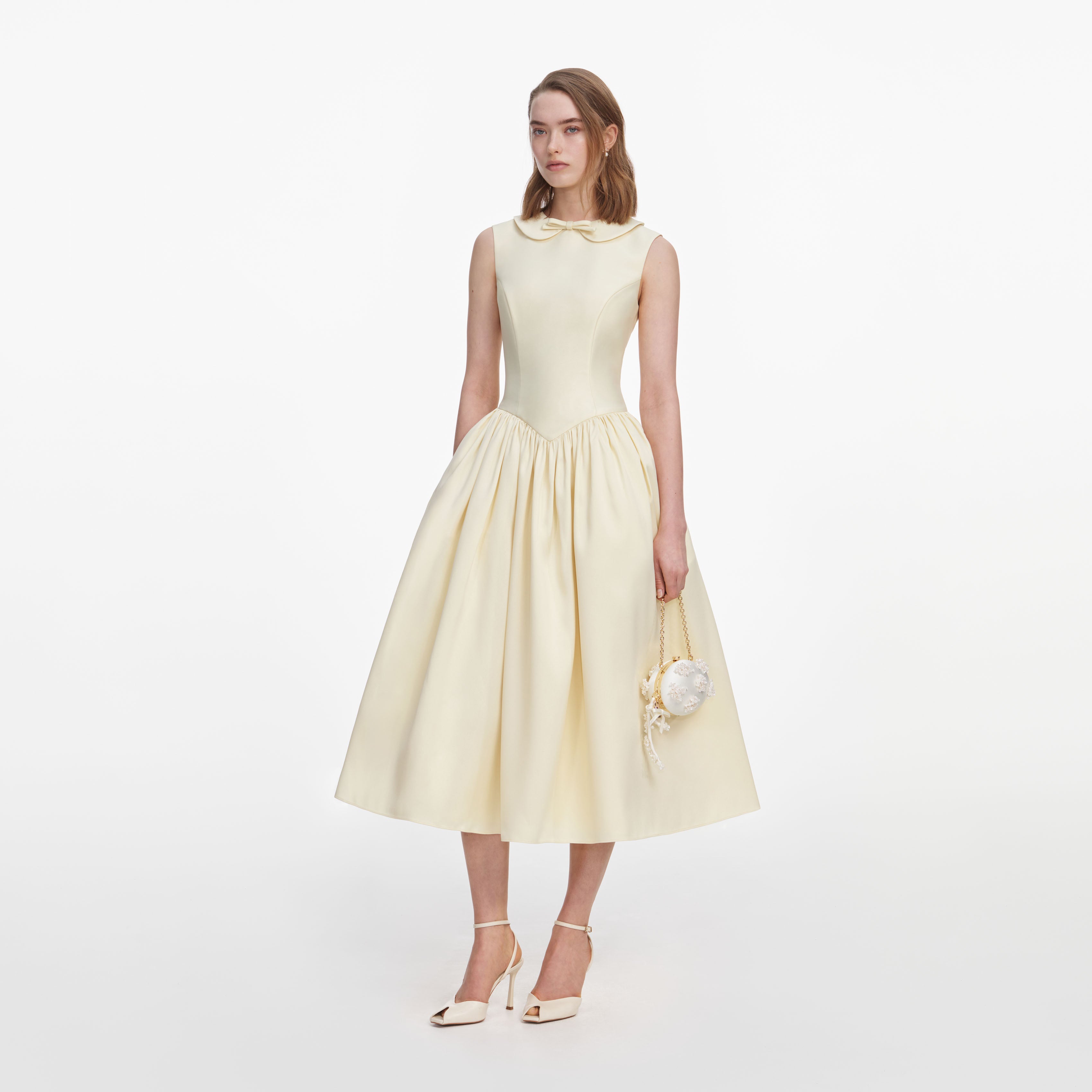 Self-Portrait イエロー　コットン　ミディ　ドレス Yellow Taffeta Collared Midi Dress – self-portrait