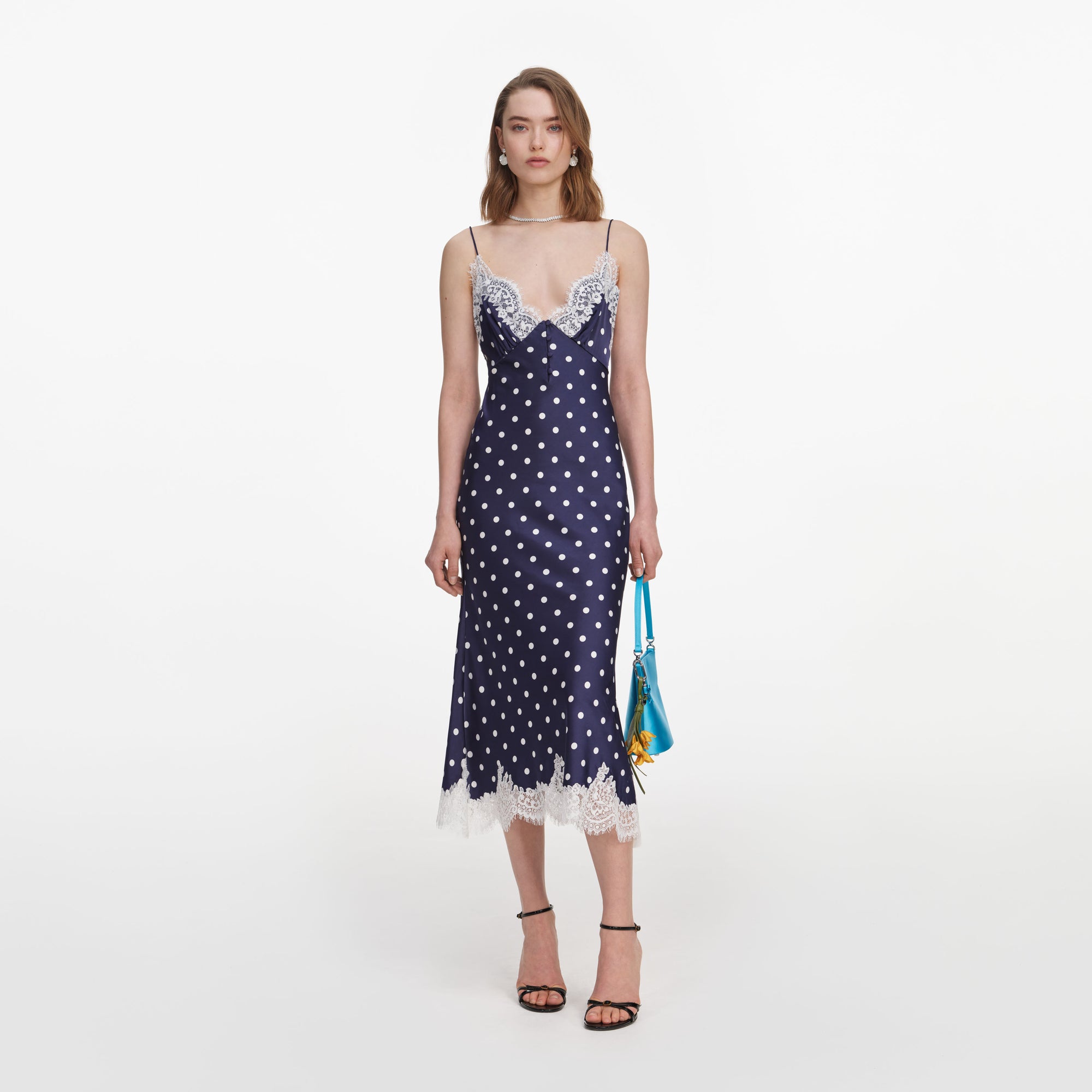 Navy Satin Polka Dot Midi Dress