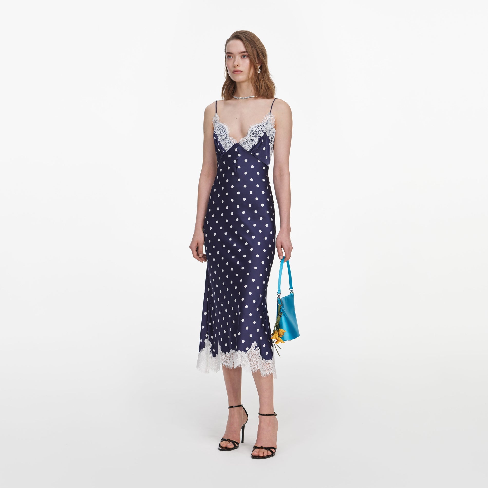 Navy Satin Polka Dot Midi Dress