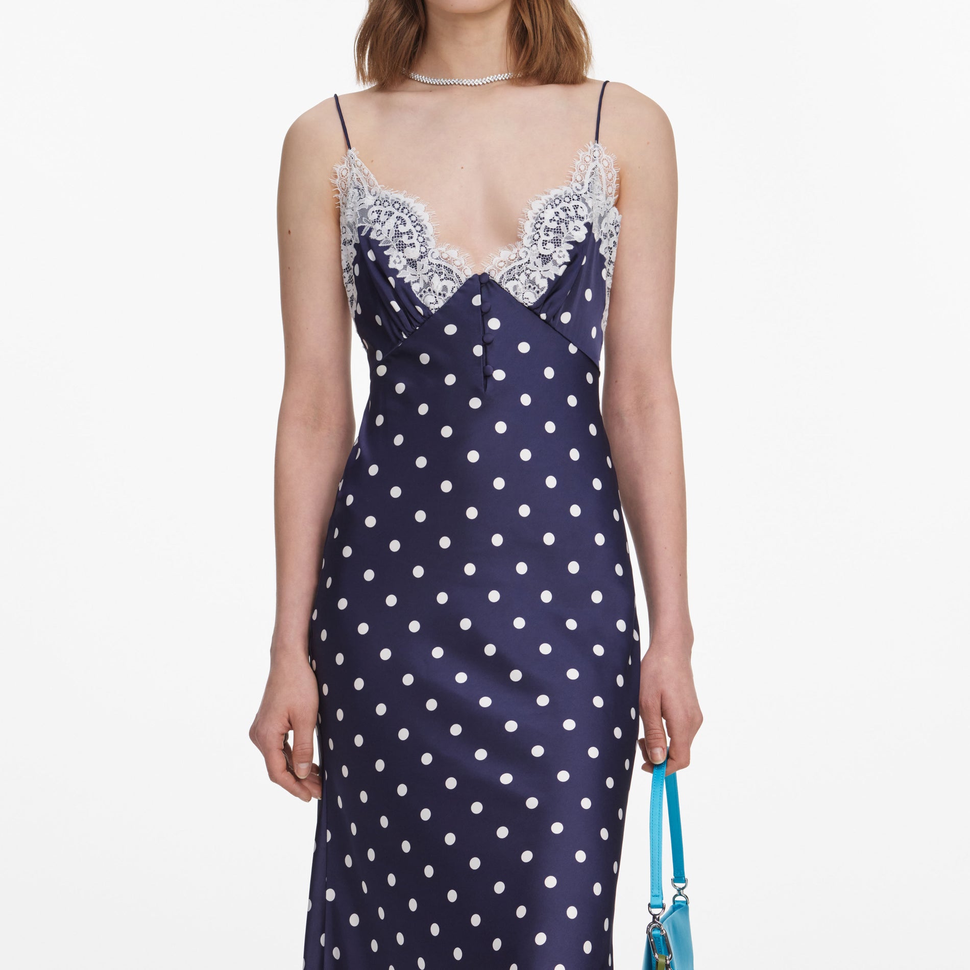 Navy Satin Polka Dot Midi Dress