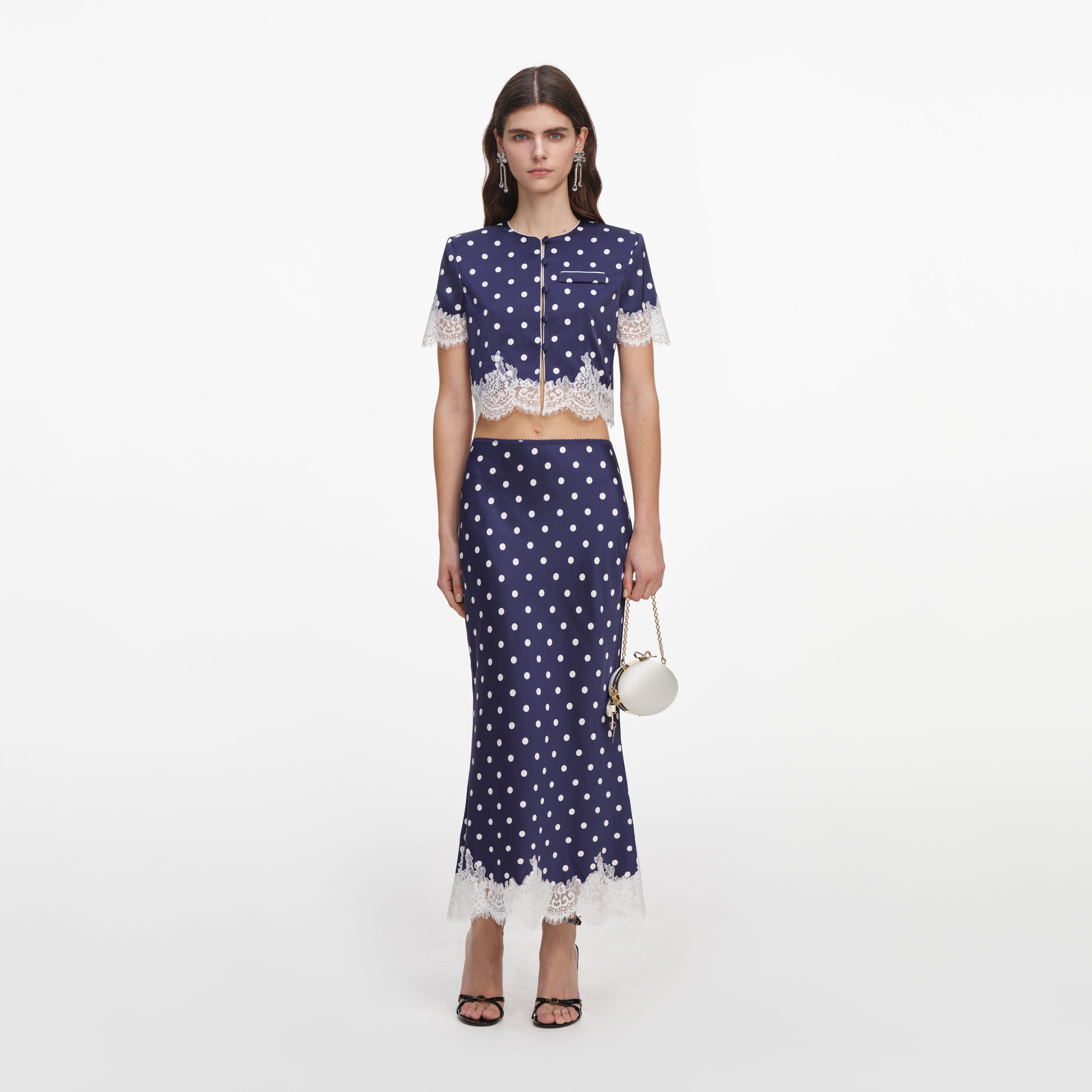 Navy Polka Dot Satin Midi Skirt