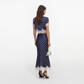 Navy Polka Dot Satin Midi Skirt