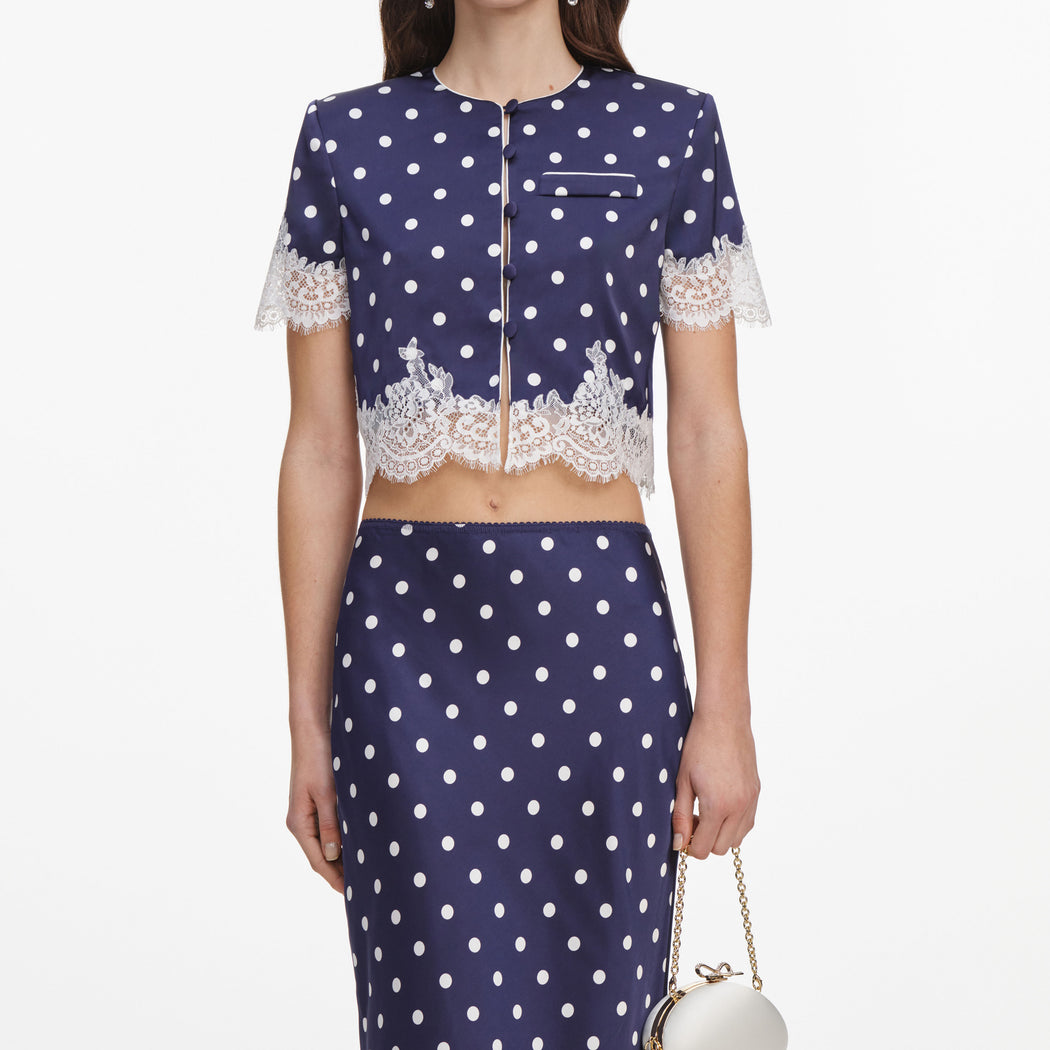 Navy Polka Dot Satin Midi Skirt