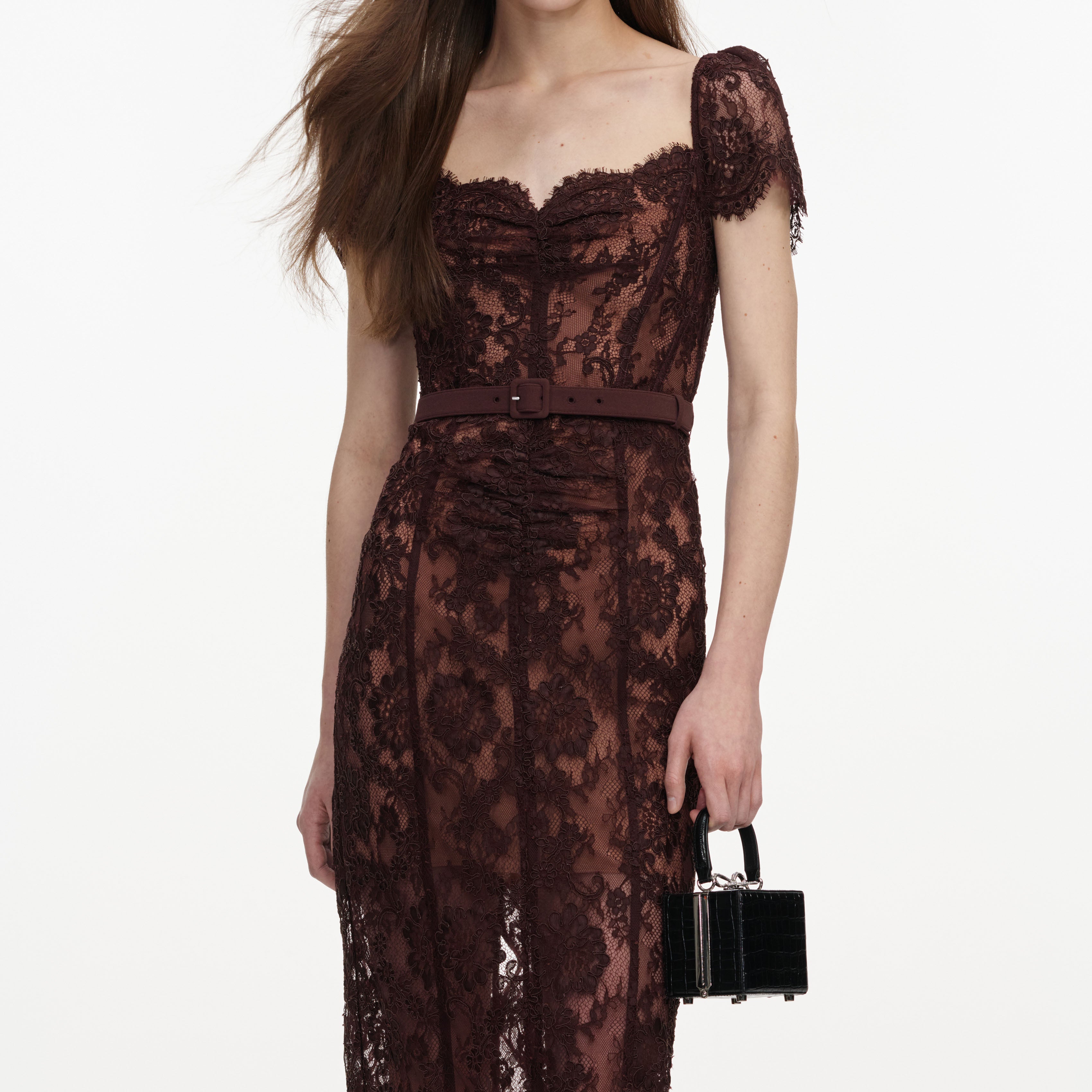 Brown Floral Lace Midi Dress