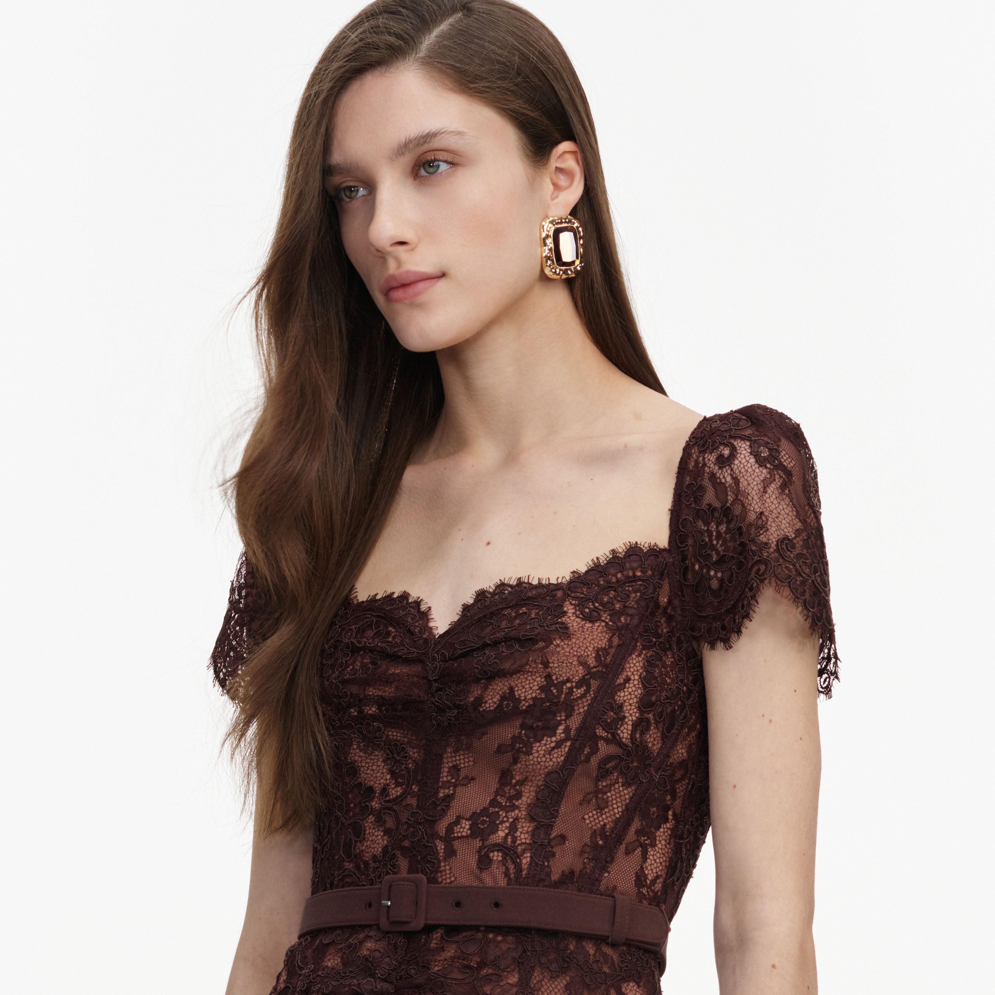 Brown Floral Lace Midi Dress