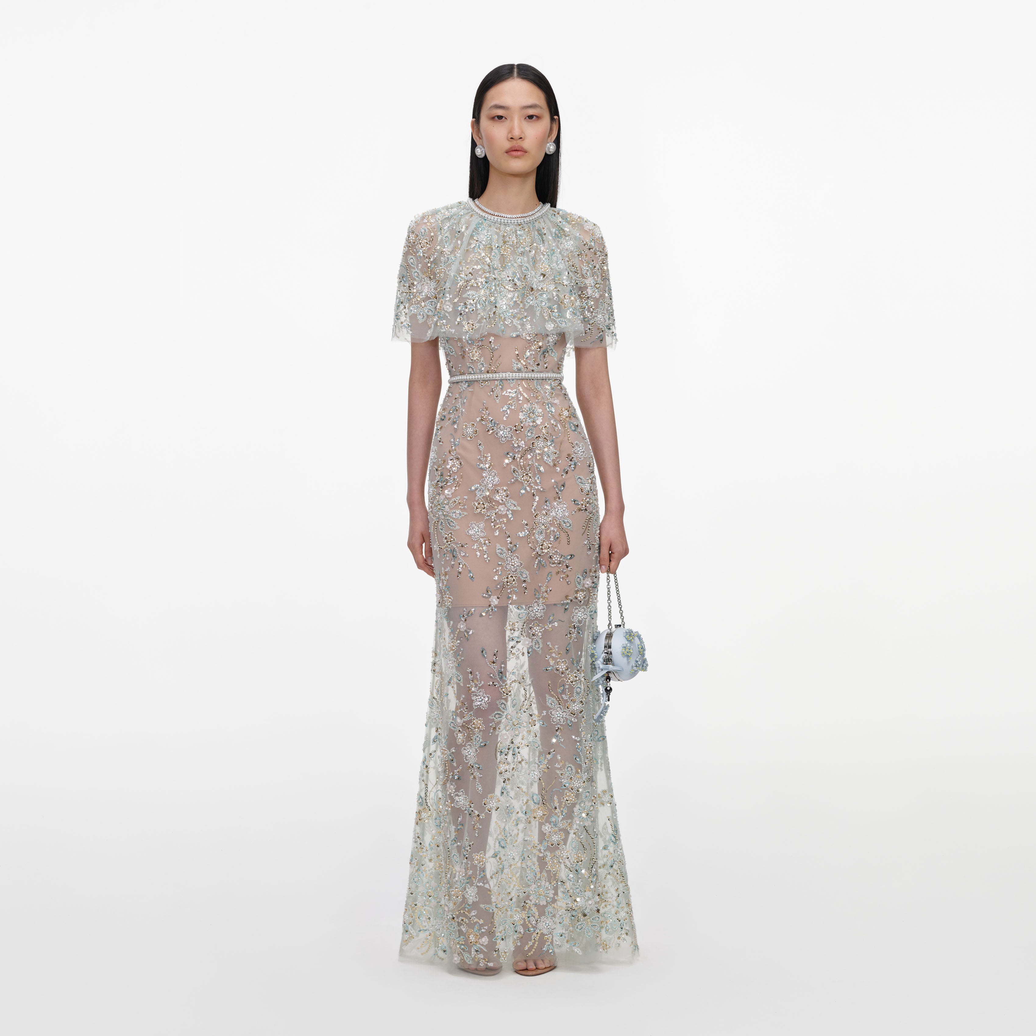 Mint Embellished Cape Maxi Dress