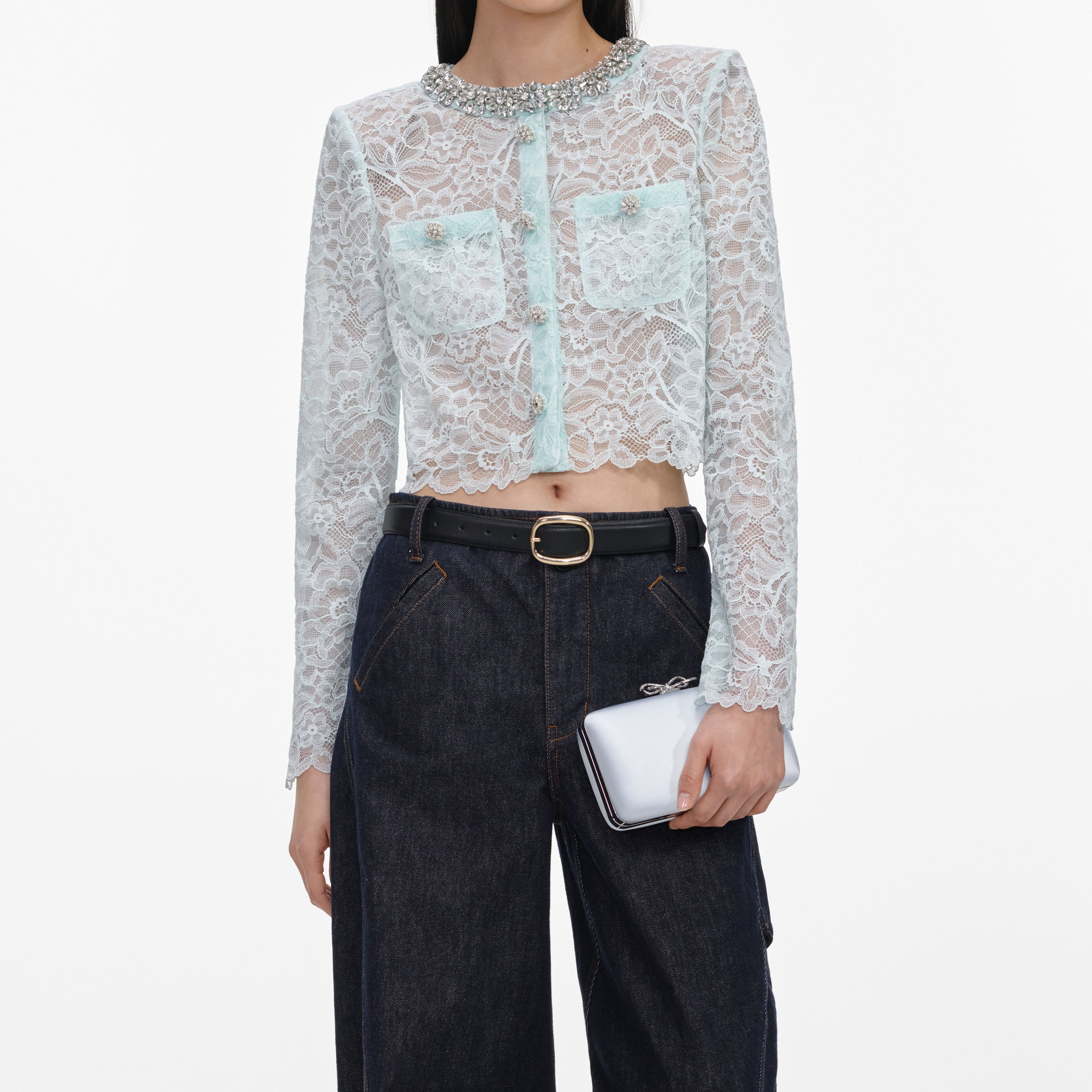 『self portrait』 (UK8) レース ジャケット Mint Lace Crystal Embellished Jacket – self-portrait