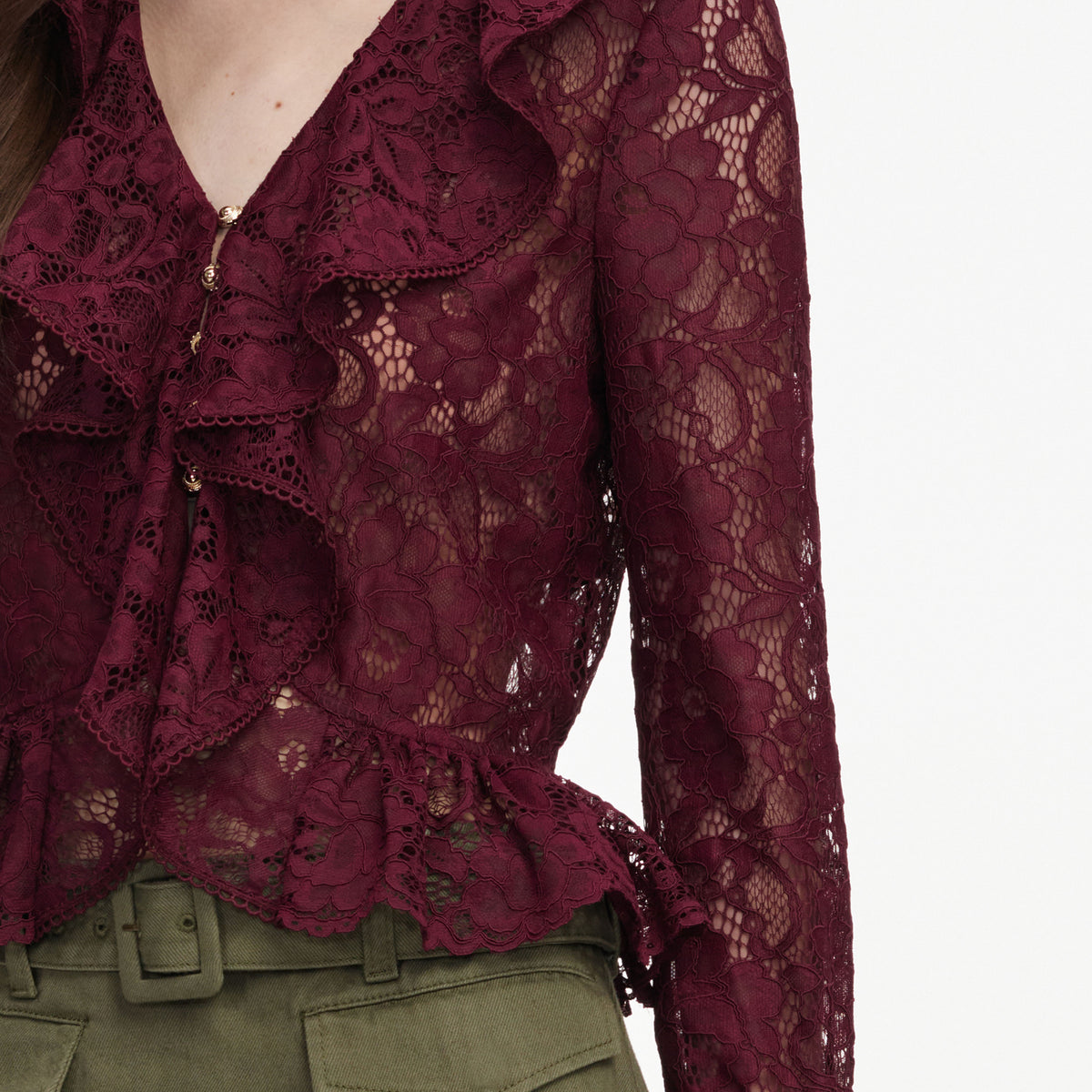 Plum Lace Ruffle Top – self-portrait