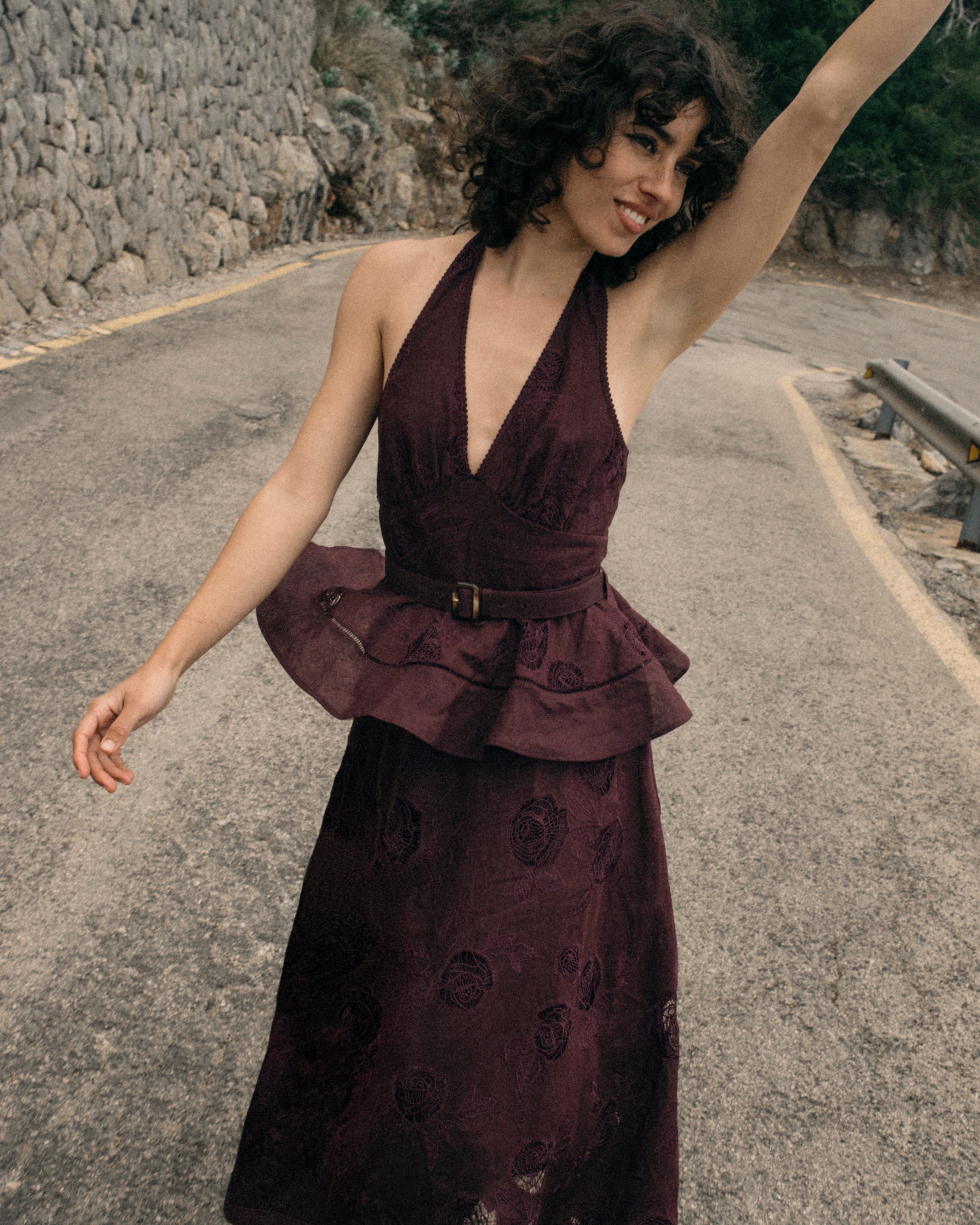 sandro dress burgundy Plum Linen Blend Peplum Midi Dress – self-portrait