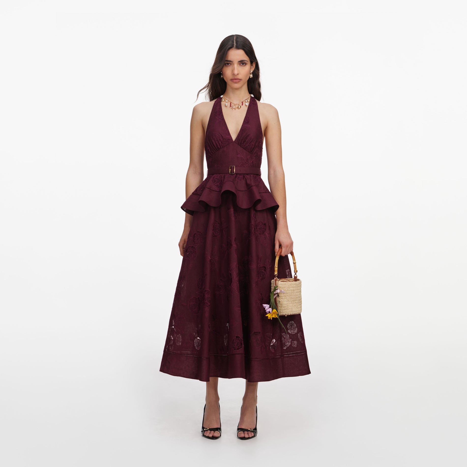 Plum Linen Blend Peplum Midi Dress