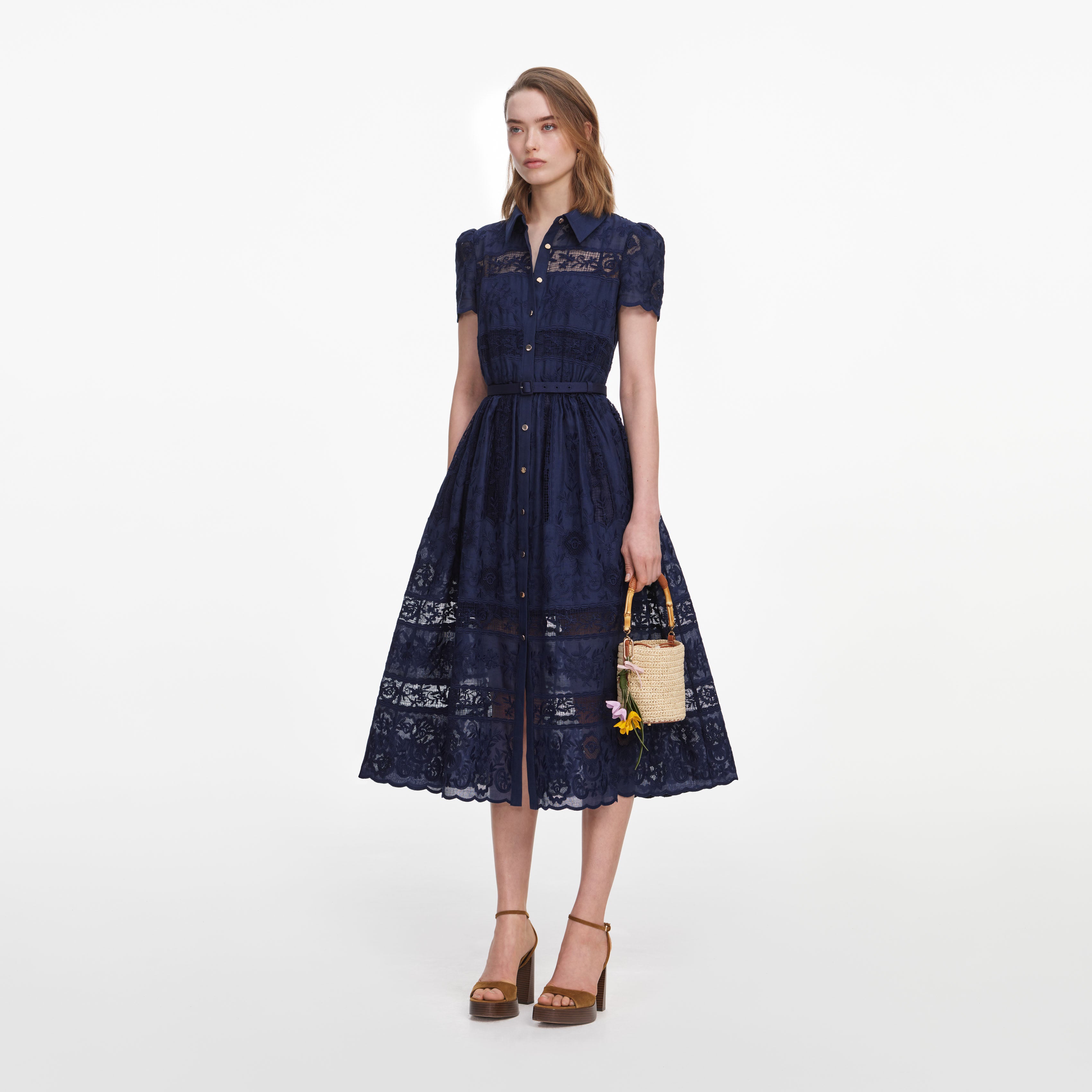 Navy Ramie Collared Midi Dress – self-portrait