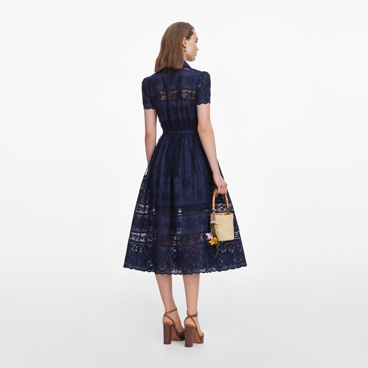 Navy Ramie Collared Midi Dress – self-portrait