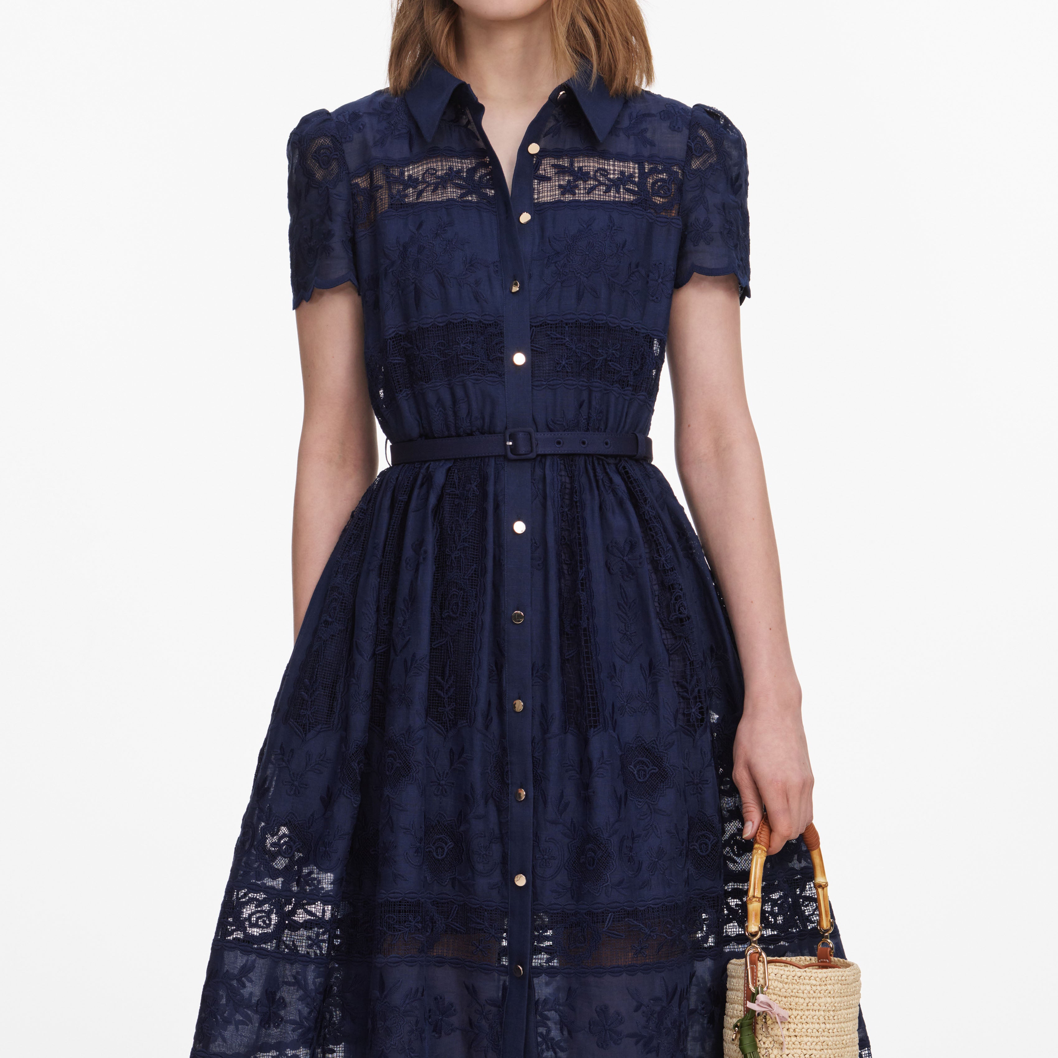 Navy Ramie Collared Midi Dress – self-portrait