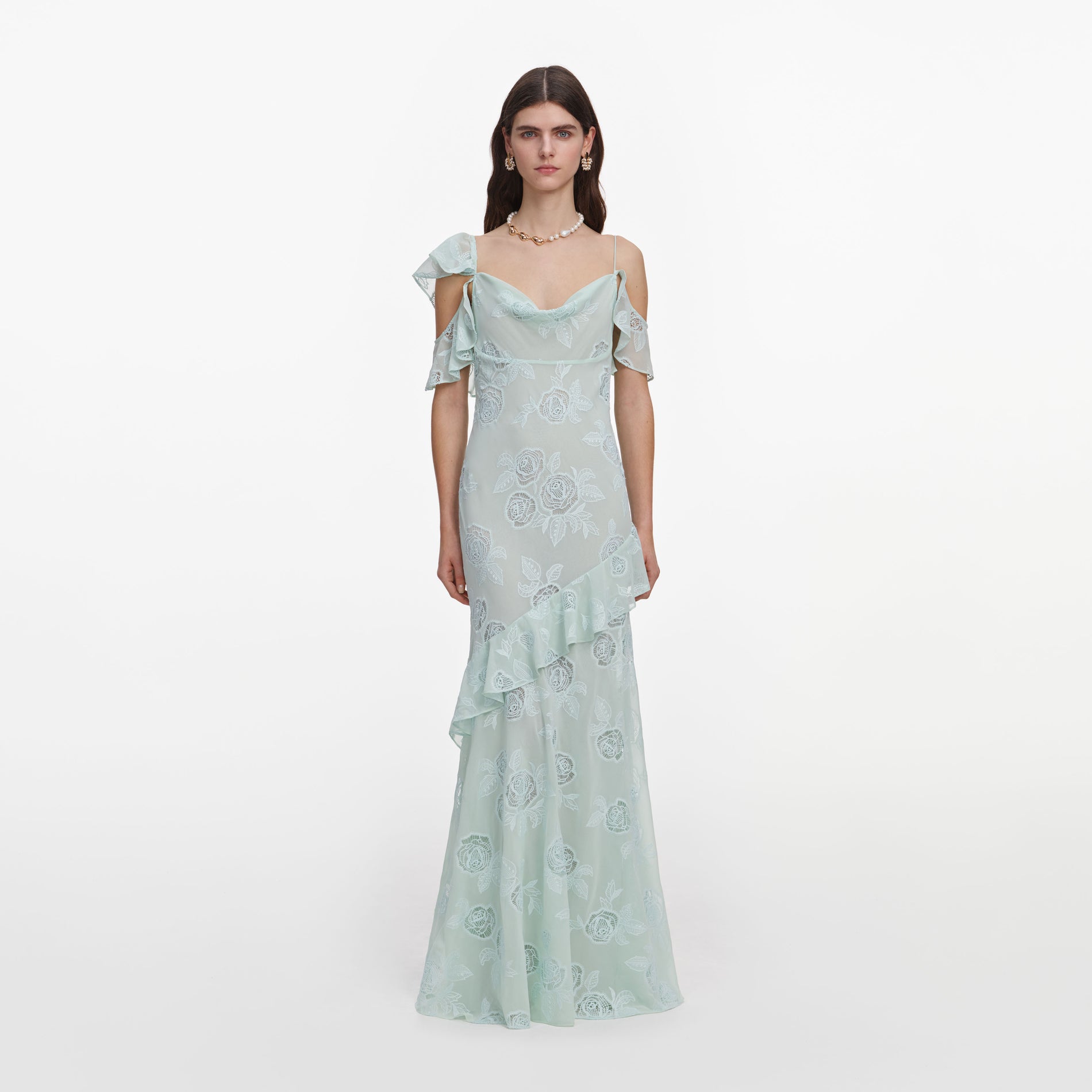 Front view of a woman wearing the Mint Embroidered Georgette Maxi Dress