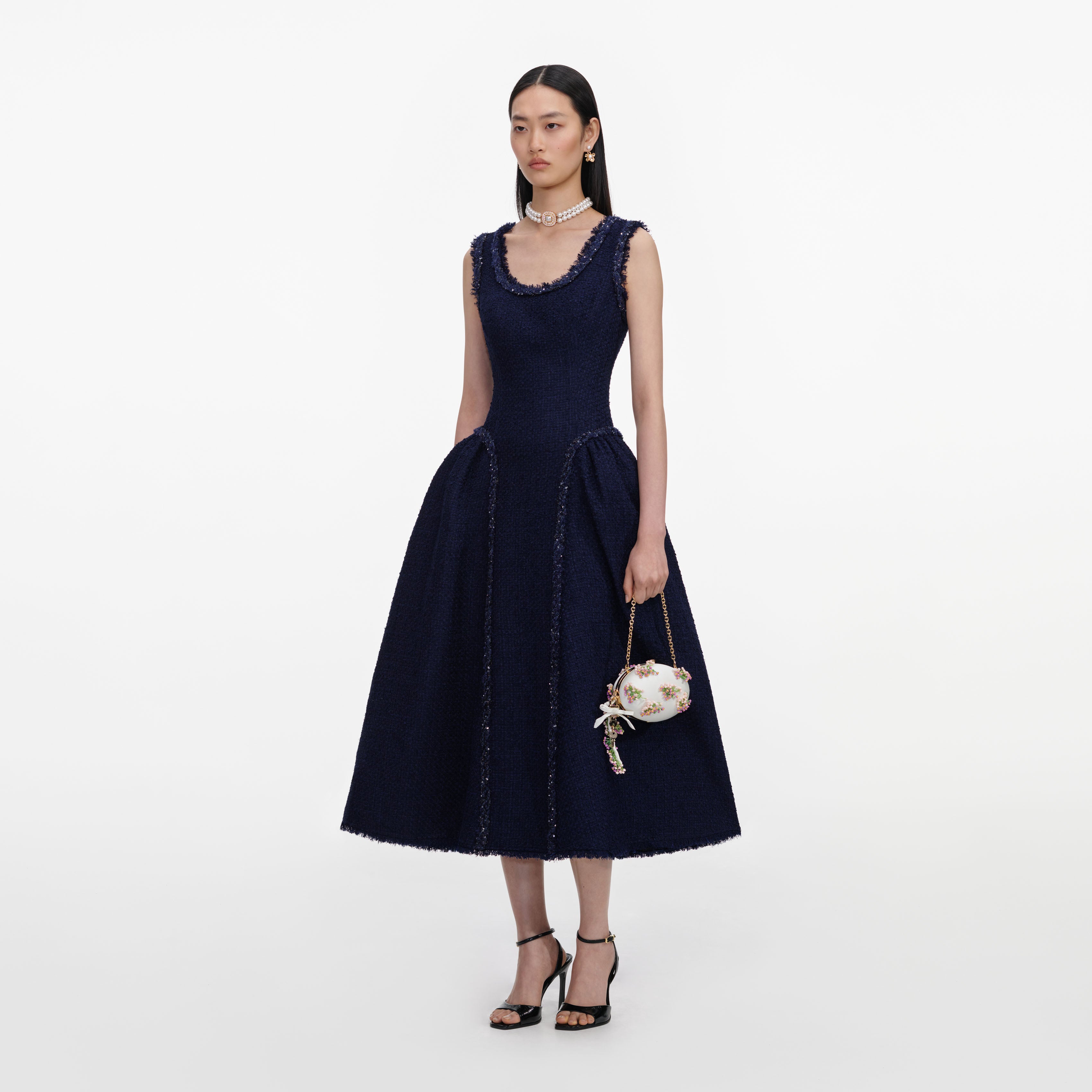 self-portrait レースワンピース ネイビー UK4 Navy Boucle Midi Dress – self-portrait