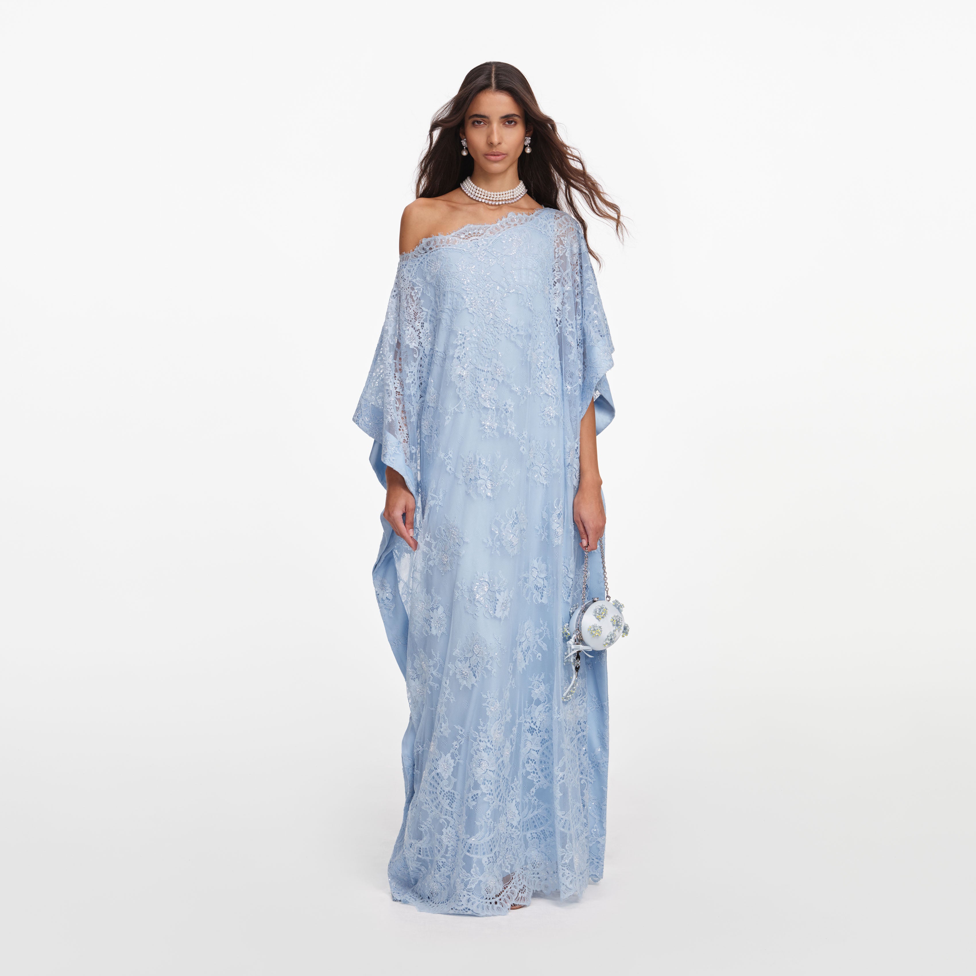 Blue Embellished Lace Kaftan