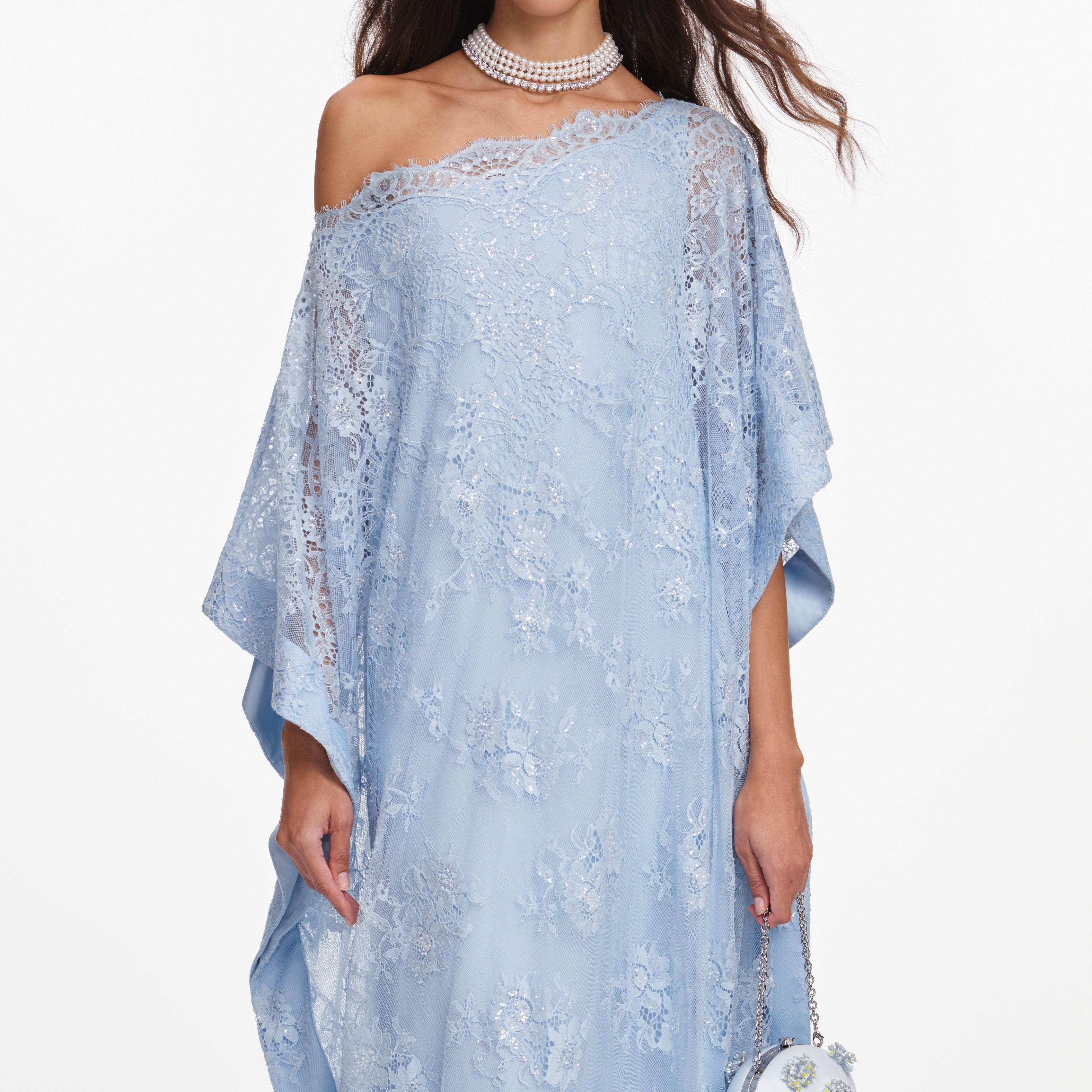 Blue Embellished Lace Kaftan