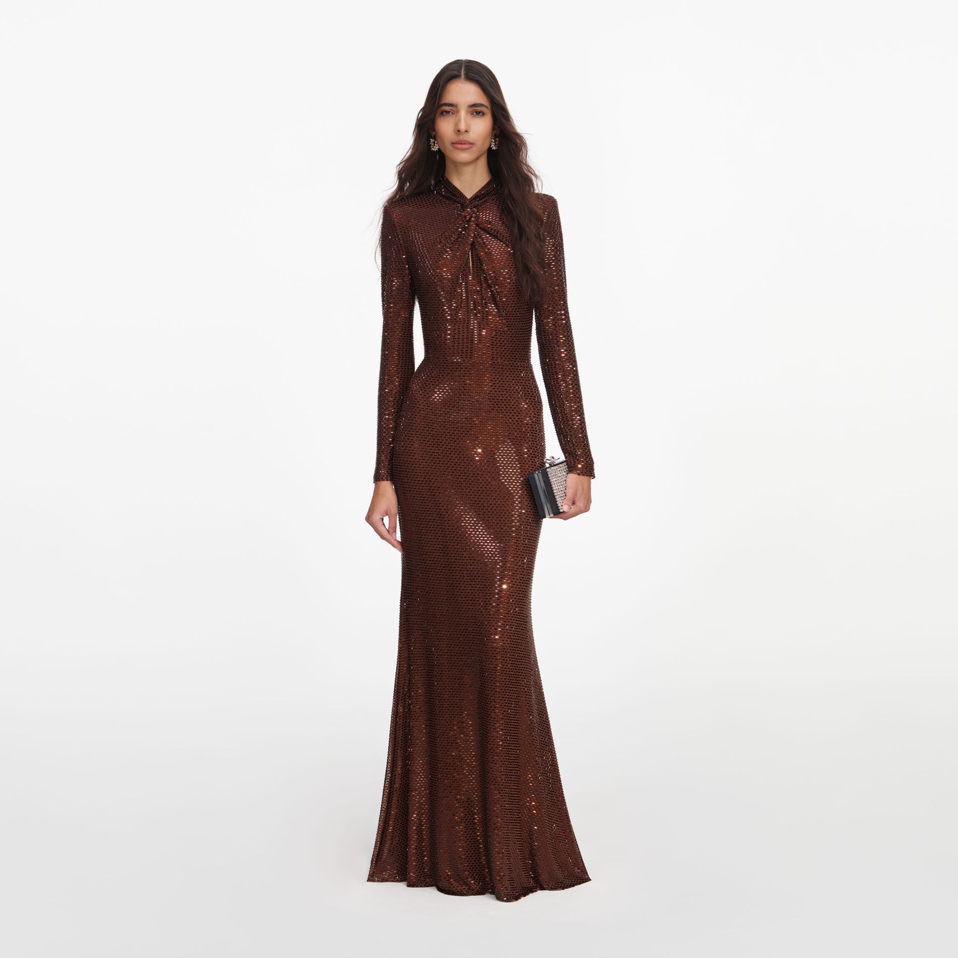 Front view of a woman wearing the Brown Rhinestone Maxi Dress
