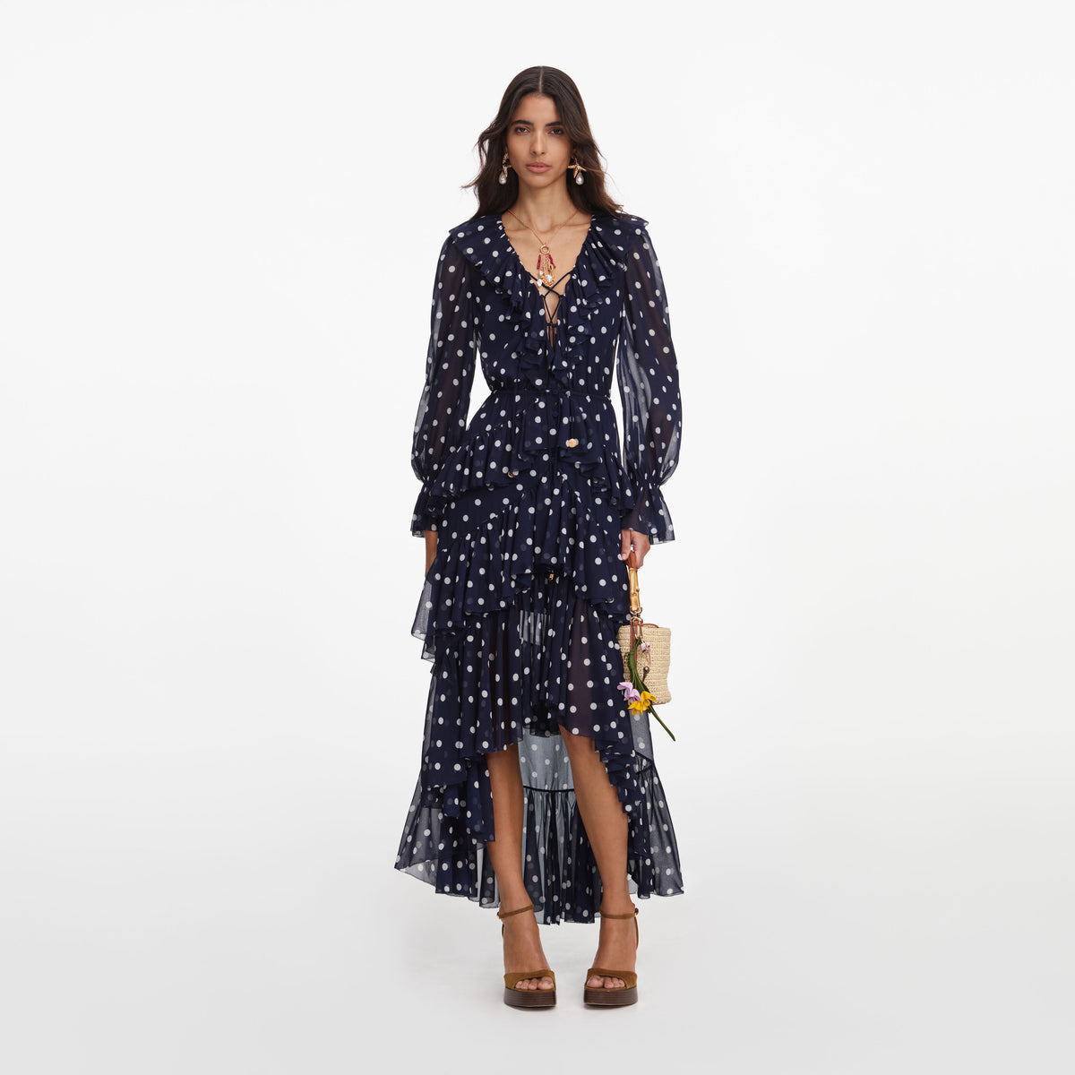 polka dot georgette tie neck midi dress Michael Kors Polka Dot Georgette Tie-neck Dress In Blue