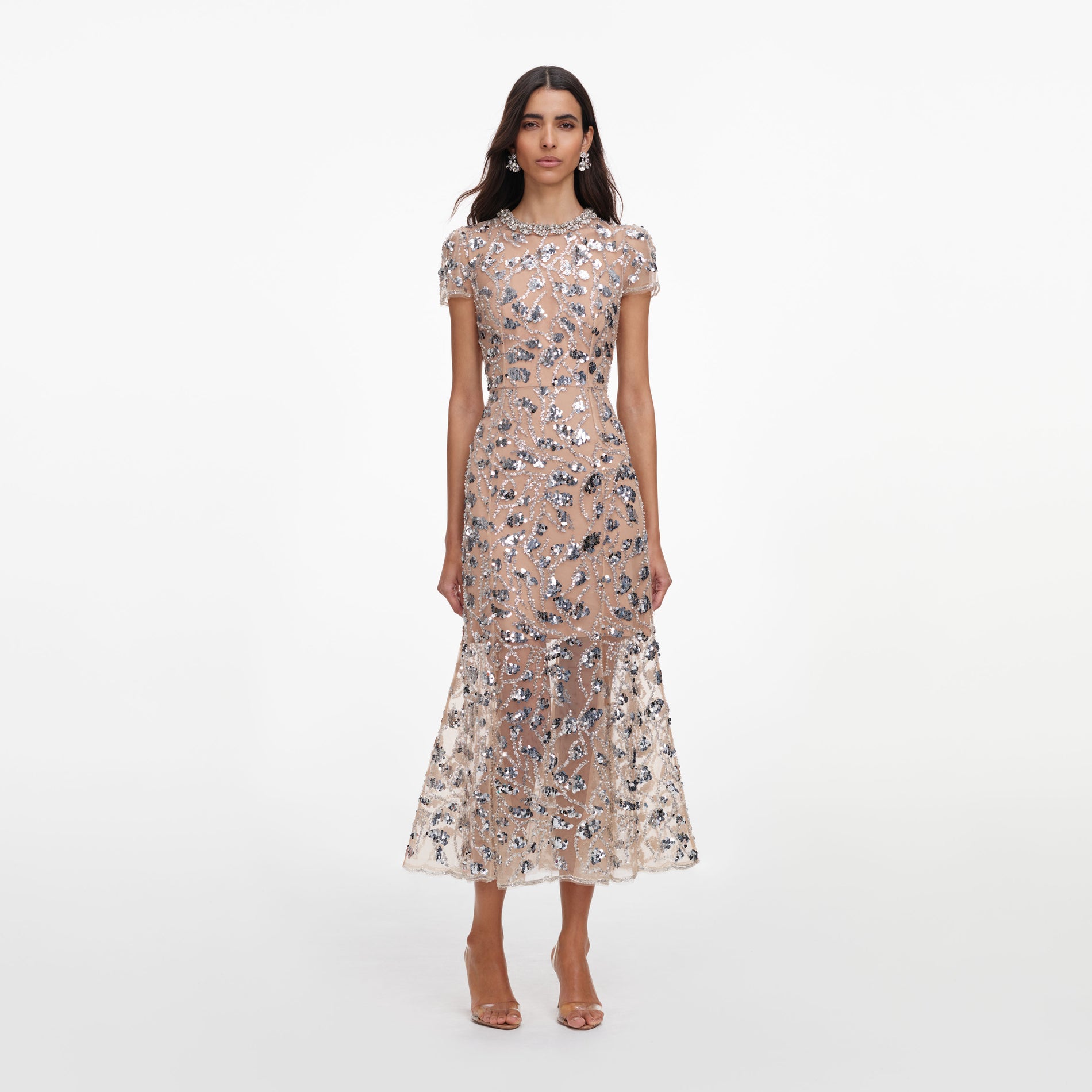 Front view of a woman wearing the Silver Sequin Embellished Midi Dress