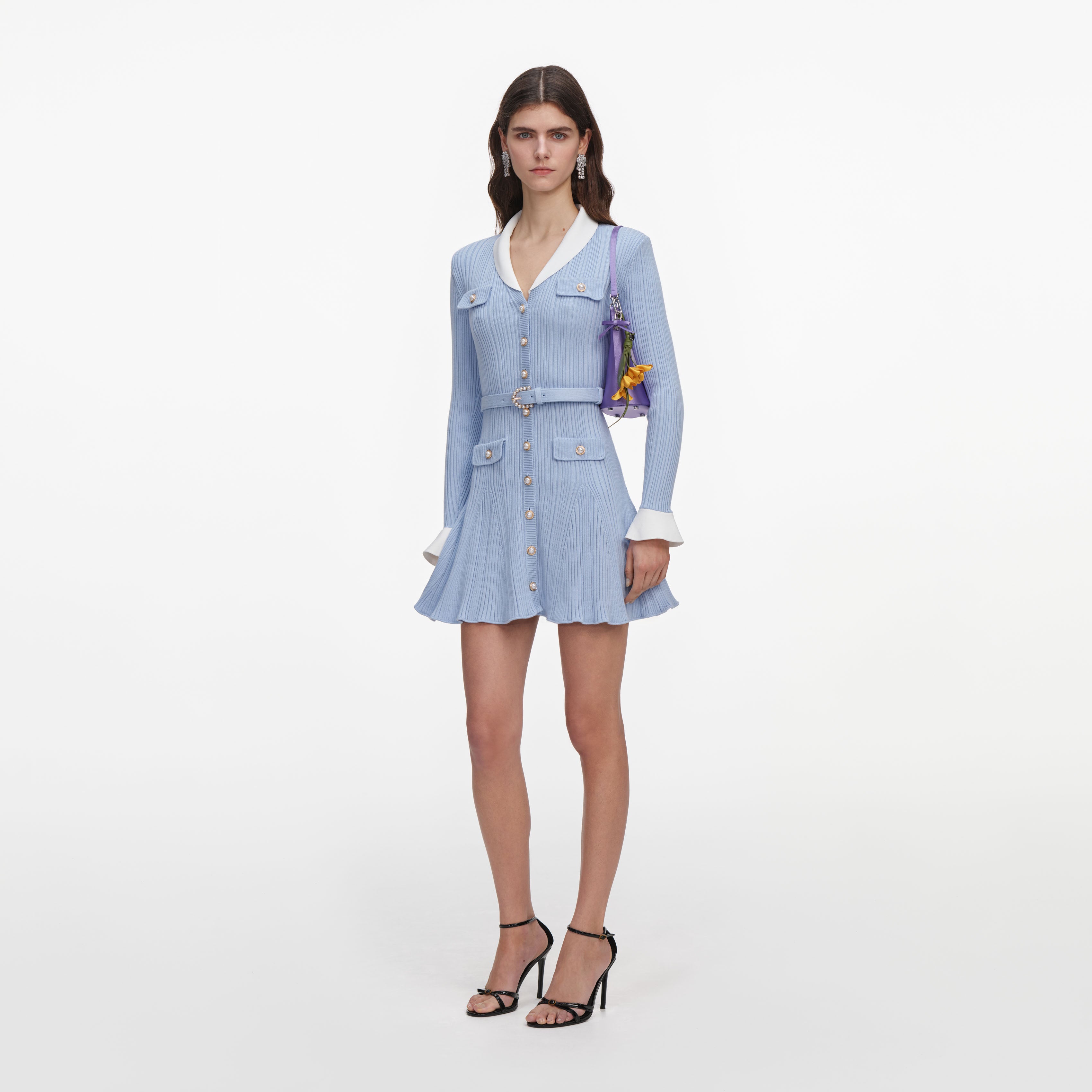 Blue Ribbed Knit Mini Dress