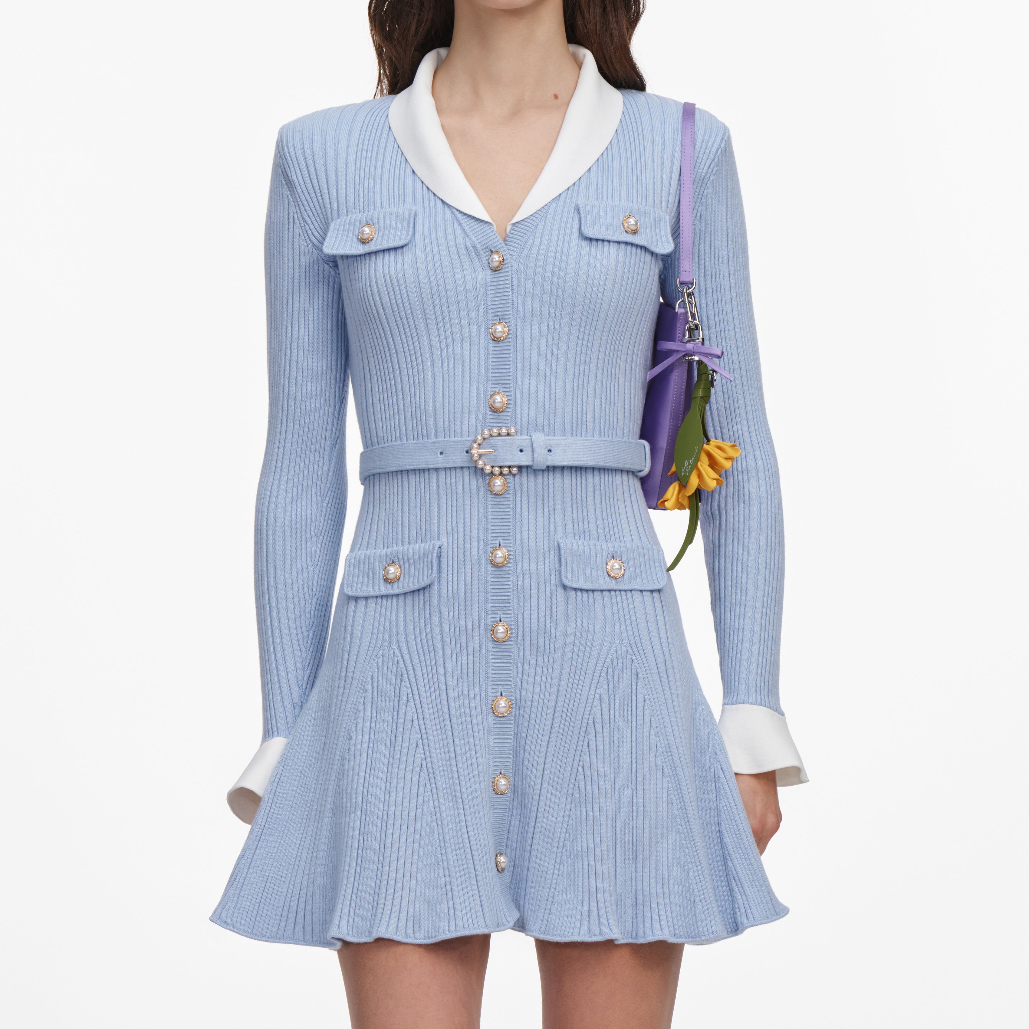 Blue Ribbed Knit Mini Dress – self-portrait