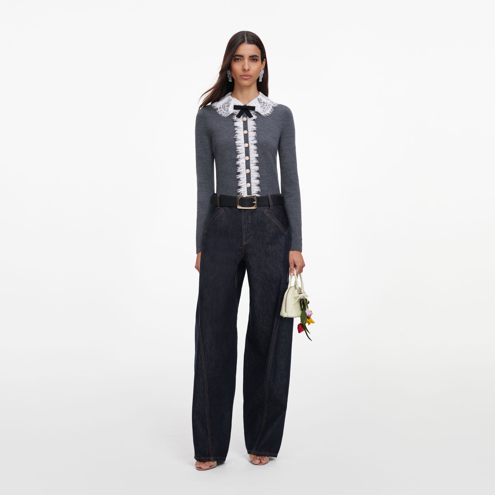 Grey Lace Collar Knit Cardigan