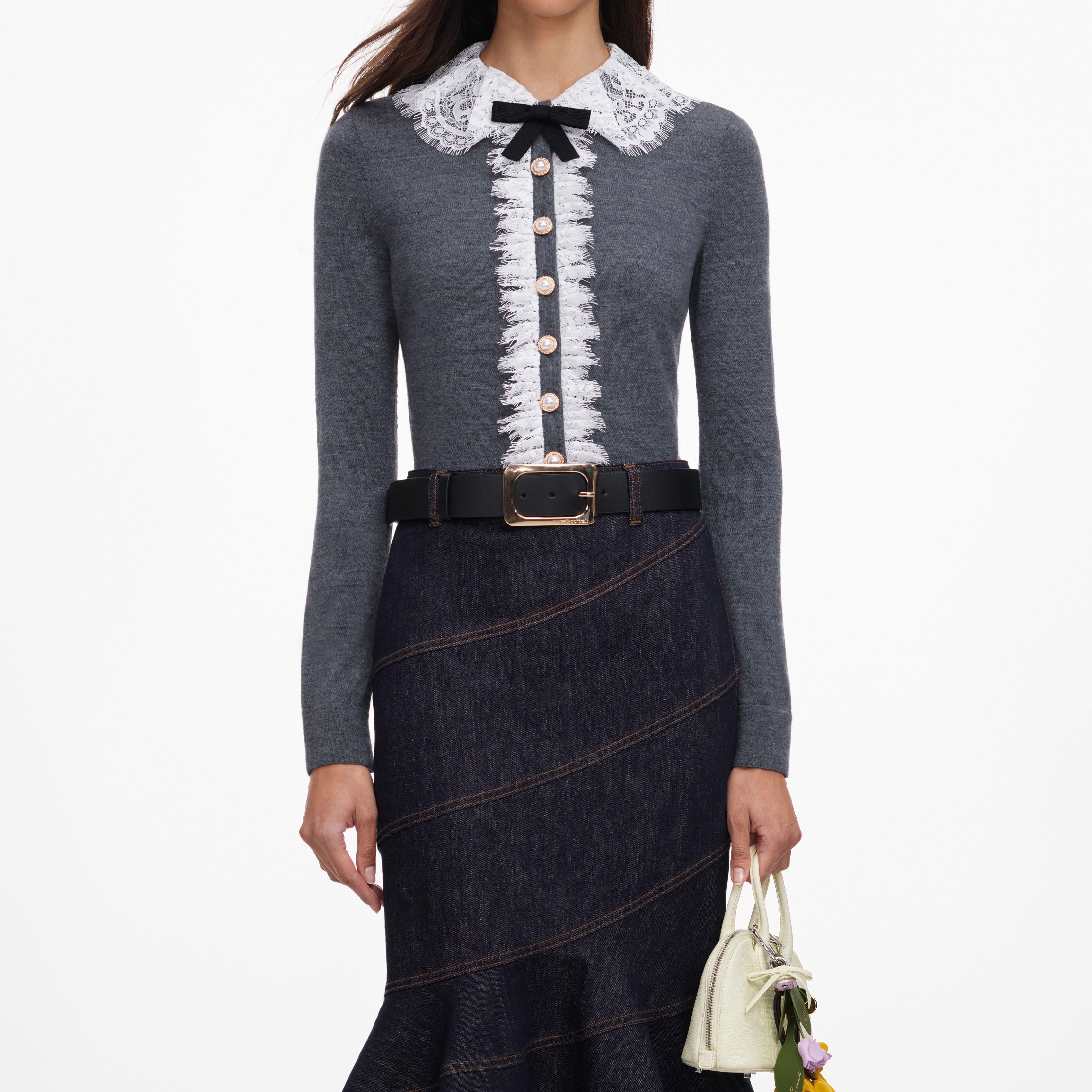 Grey Lace Collar Knit Cardigan – self-portrait