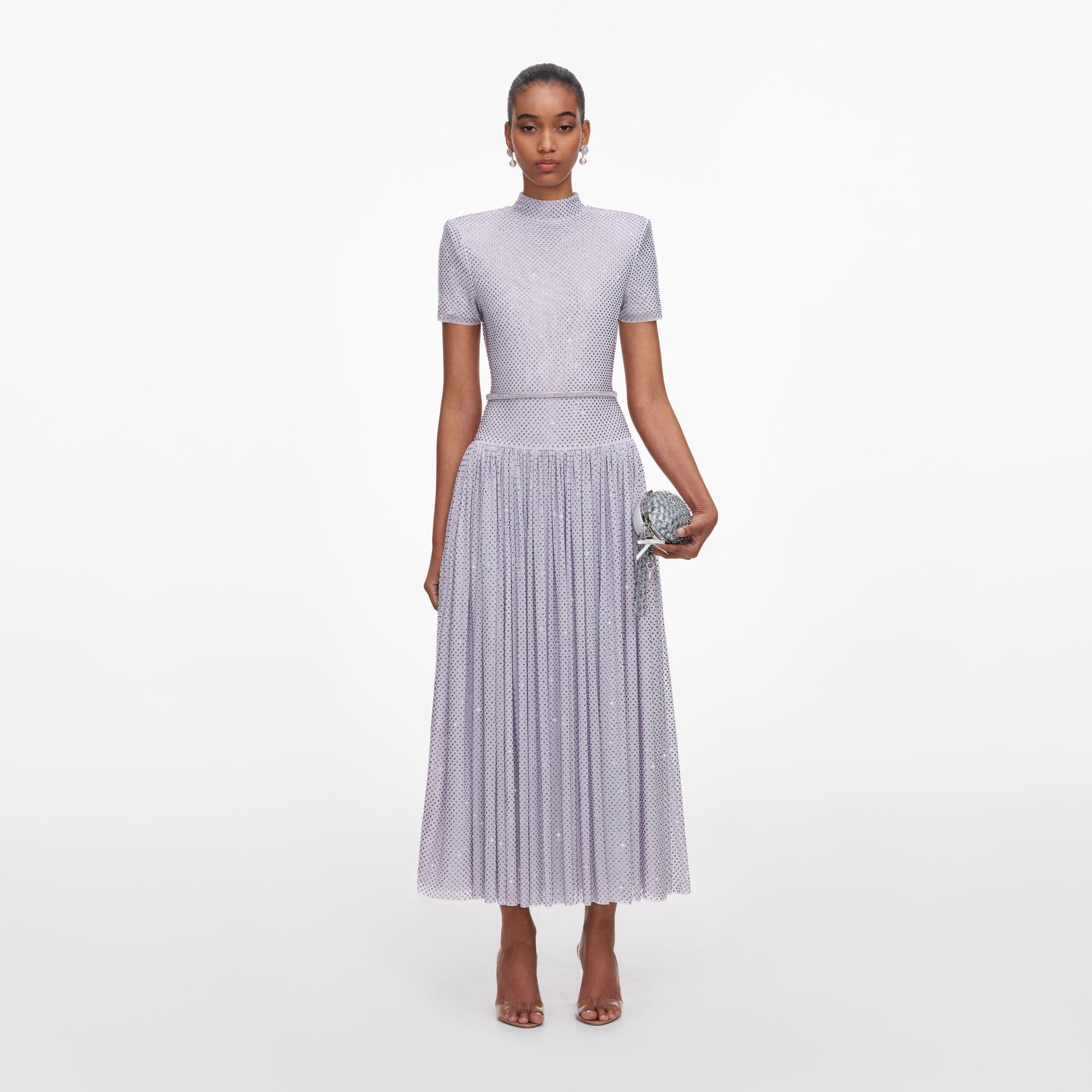 Front view of a woman wearing the Lilac Rhinestone Midi Dress