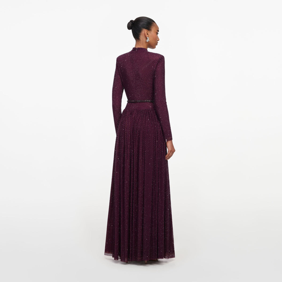 Burgundy Rhinestone Long Sleeve Maxi Dress