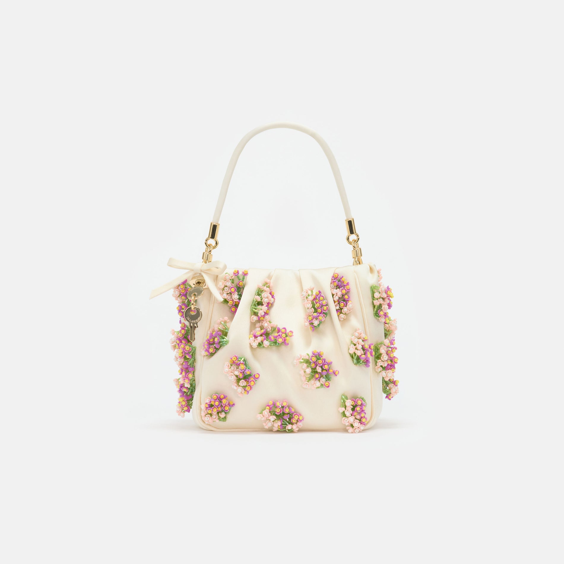 Cream Satin Floral Beaded Tote Bag