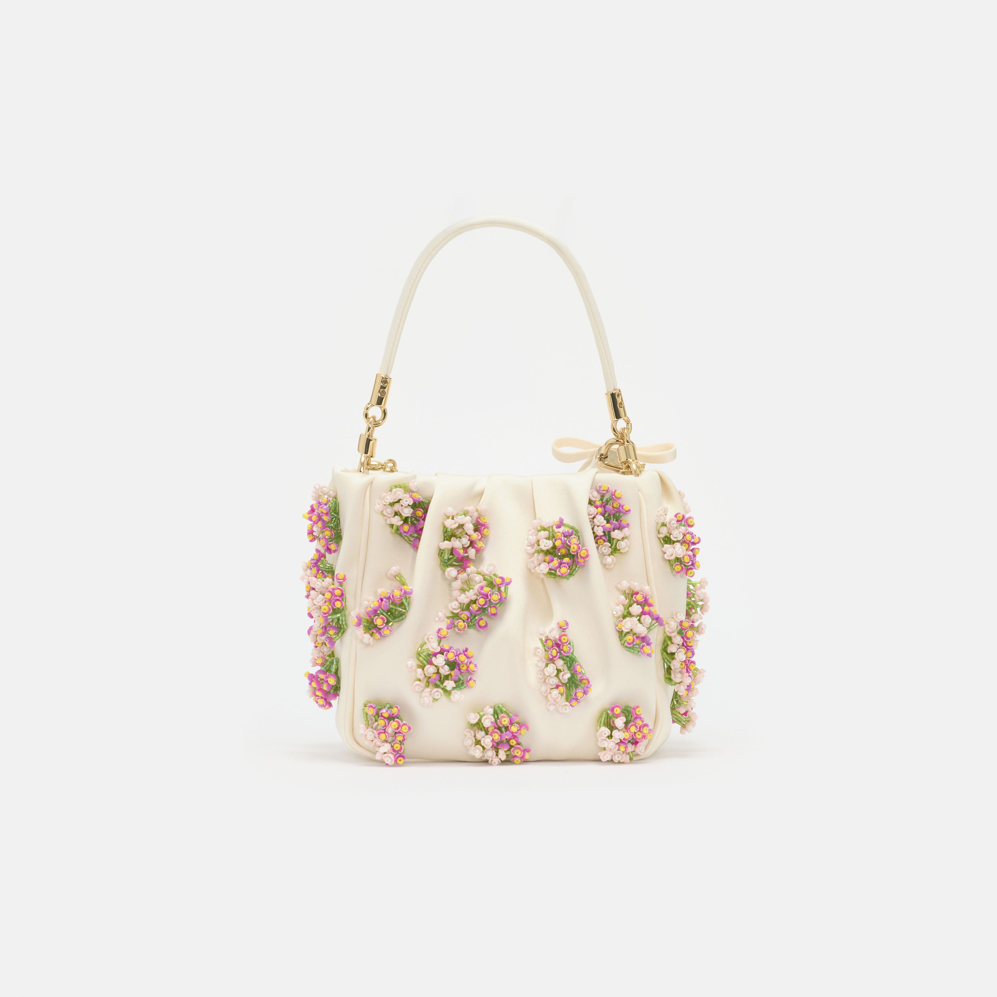 Cream Satin Floral Beaded Tote Bag