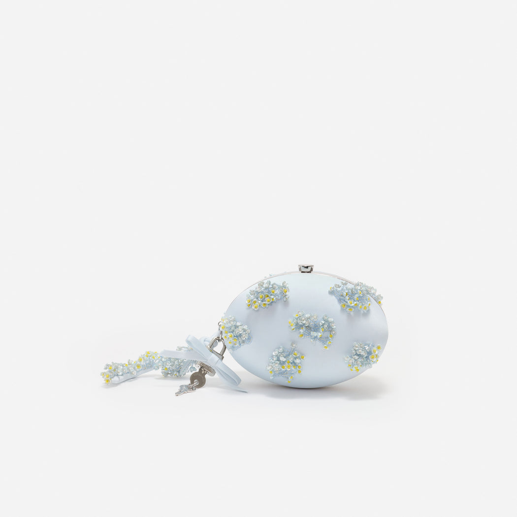 Blue Satin Floral Beaded Oval Clutch