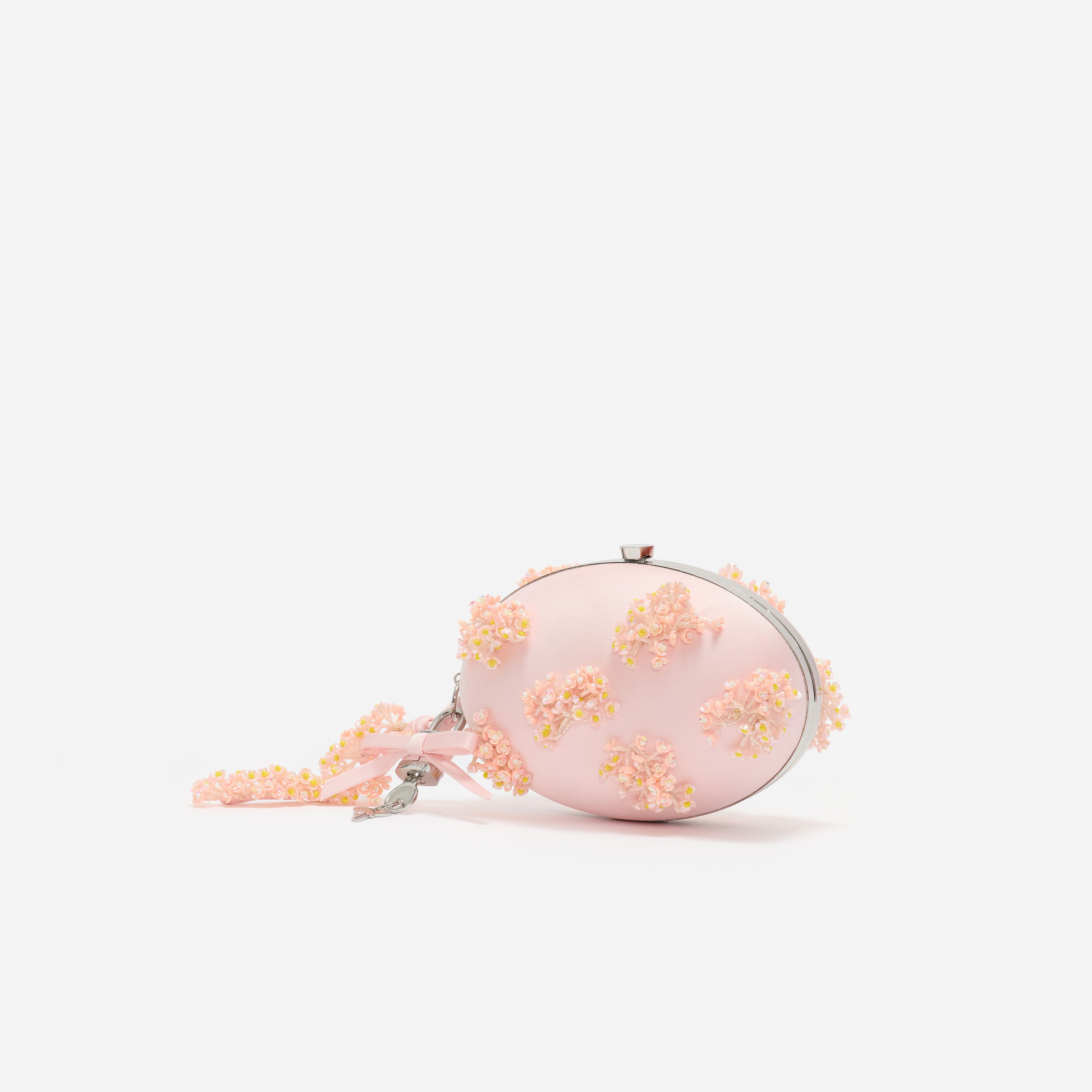Pink Satin Floral Beaded Oval Clutch