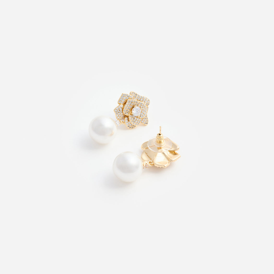 Mini Gold Crystal Flower Pearl Earrings