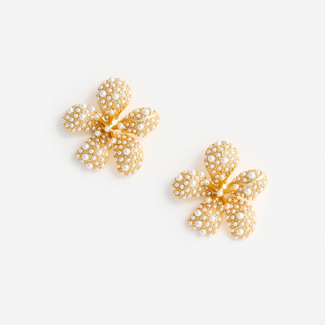 Gold Pearl Encrusted Flower Earrings