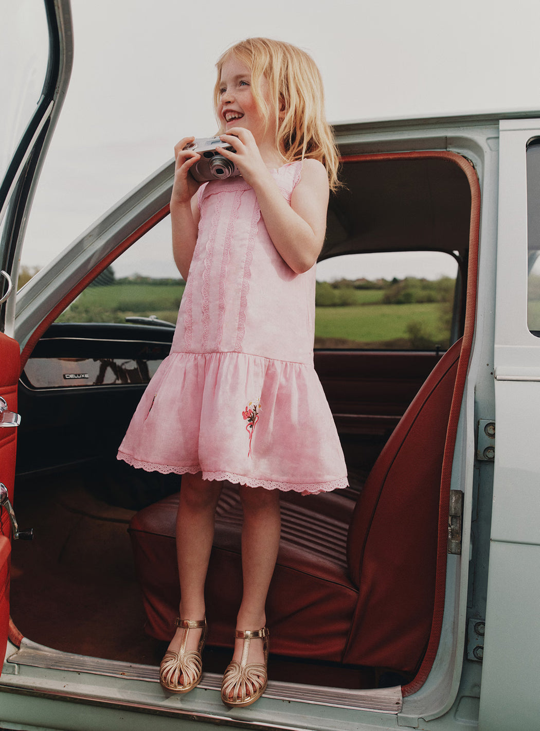 Pink Ramie Flower Embroidered Dress