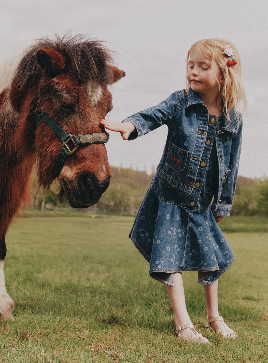 Denim Cherry Bow Printed Jacket