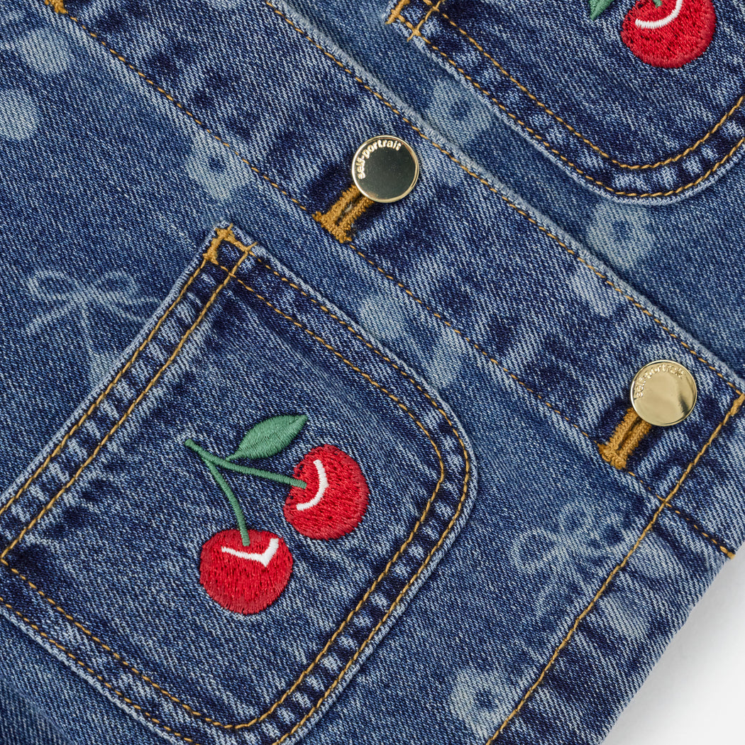 Denim Cherry Bow Printed Jacket