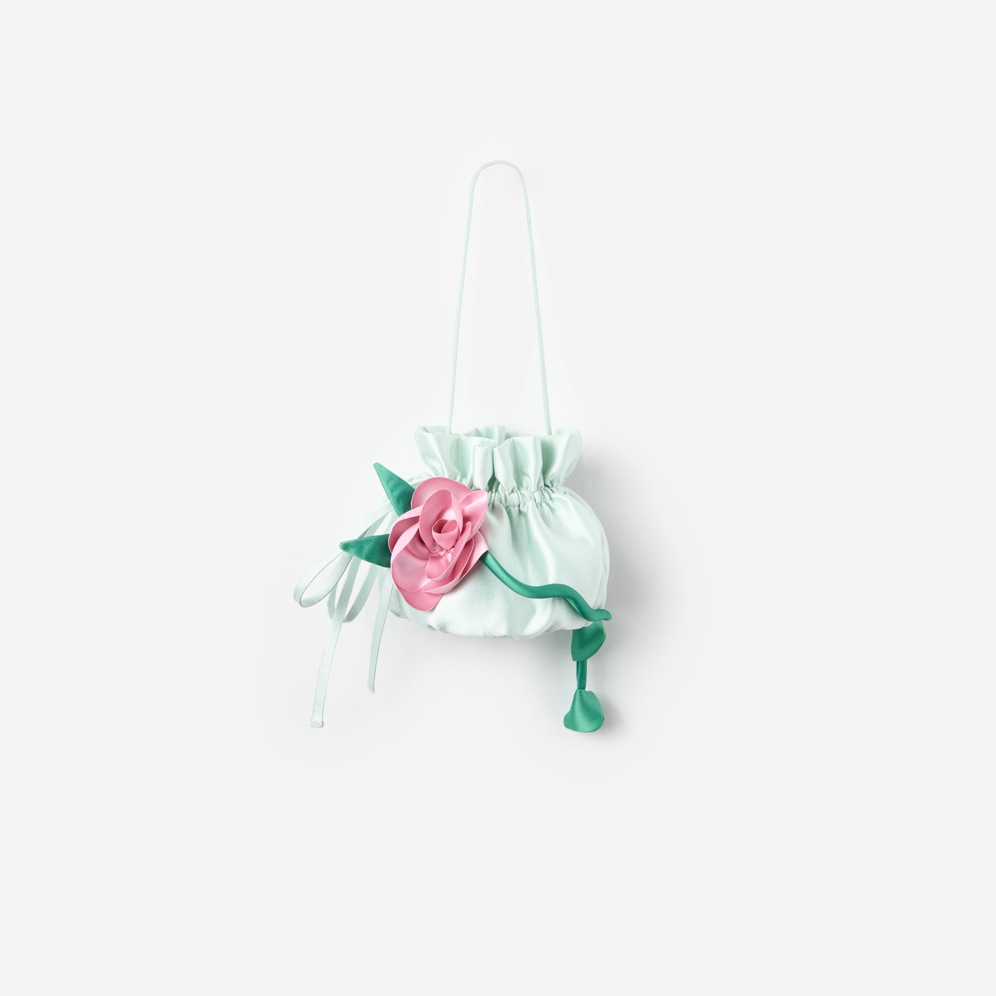Mint Taffeta 3D Flower Pouch Bag