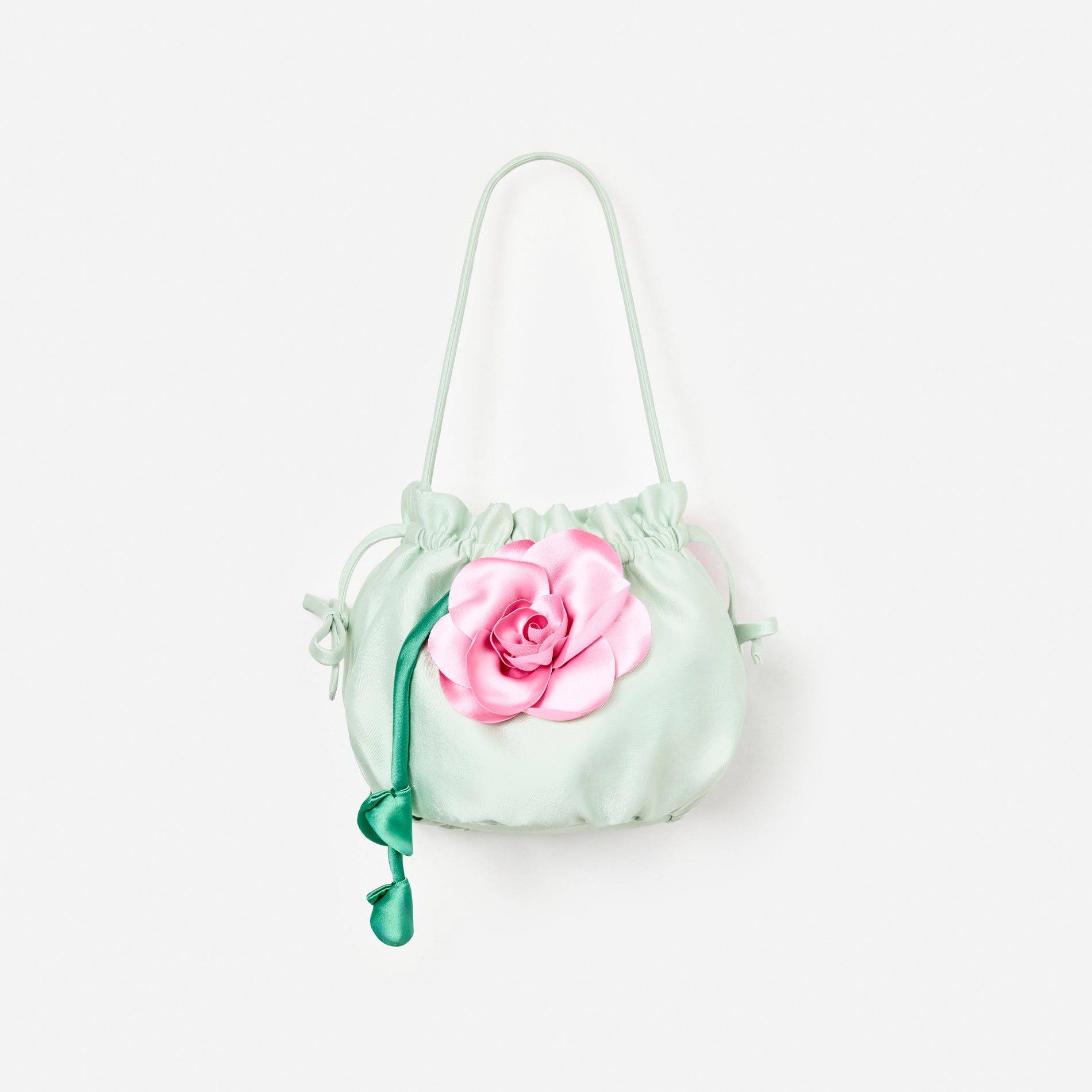 Mint Taffeta 3D Flower Pouch Bag