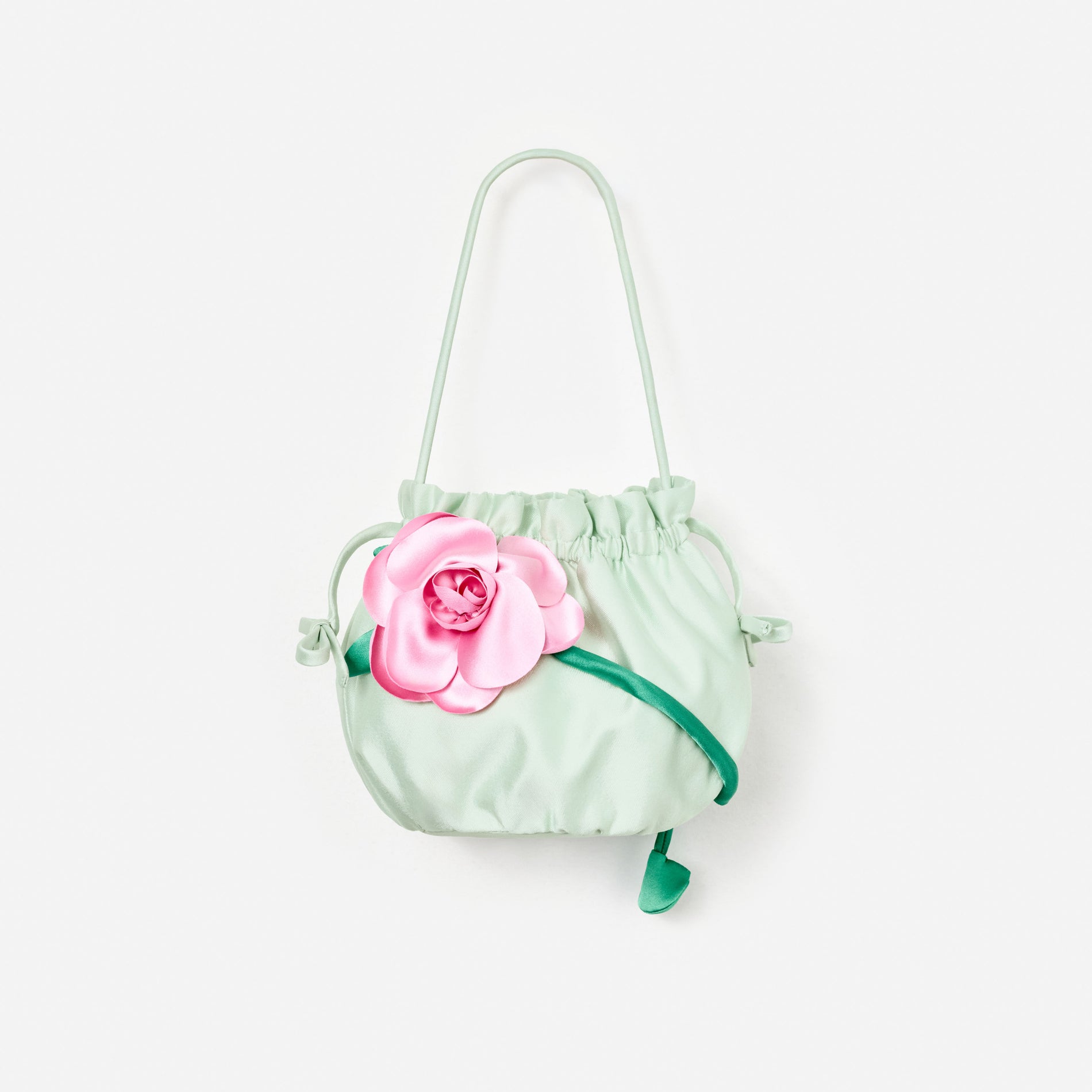 Mint Taffeta 3D Flower Pouch Bag
