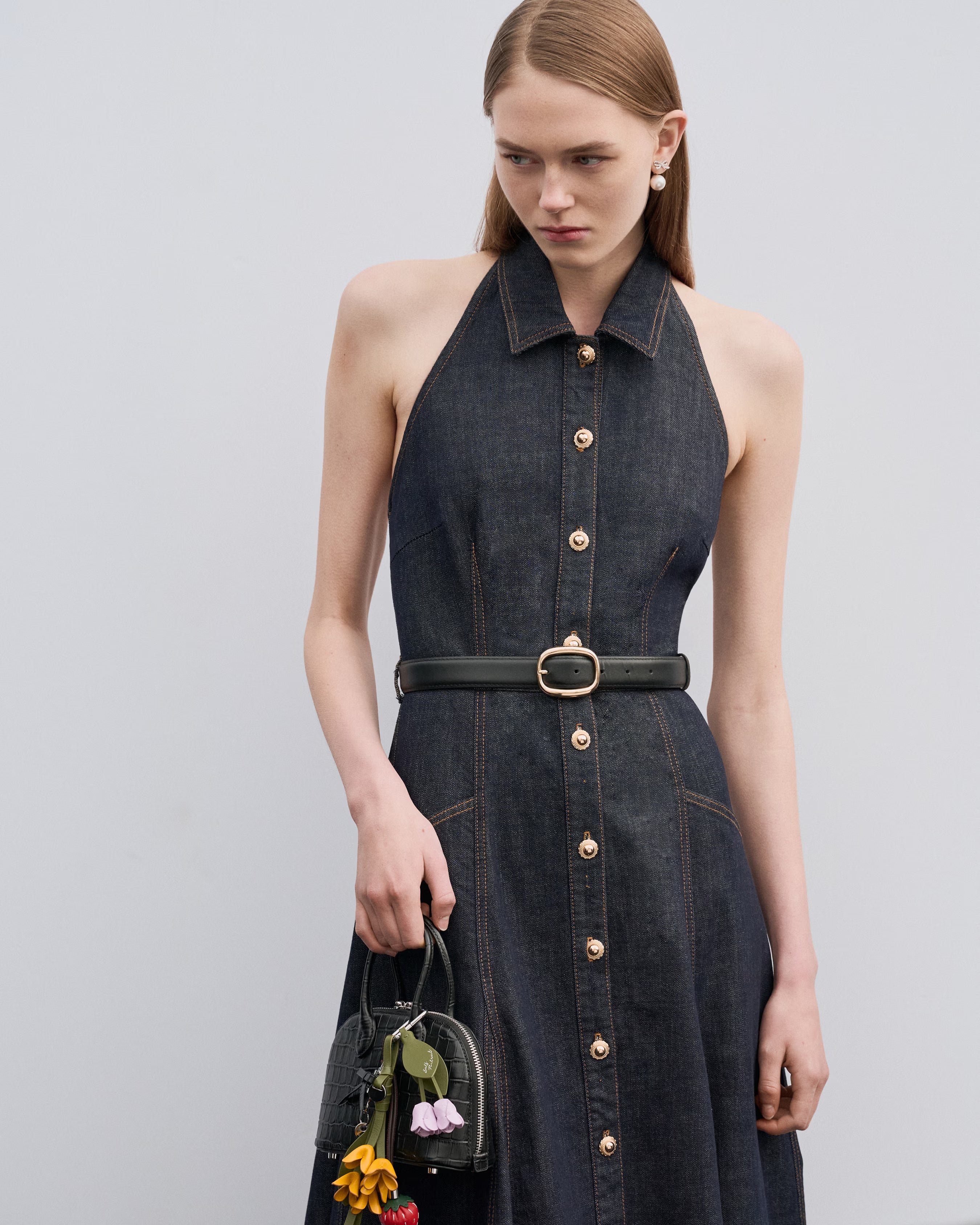 halter neck denim dress Indigo Denim Halterneck Midi Dress – self-portrait