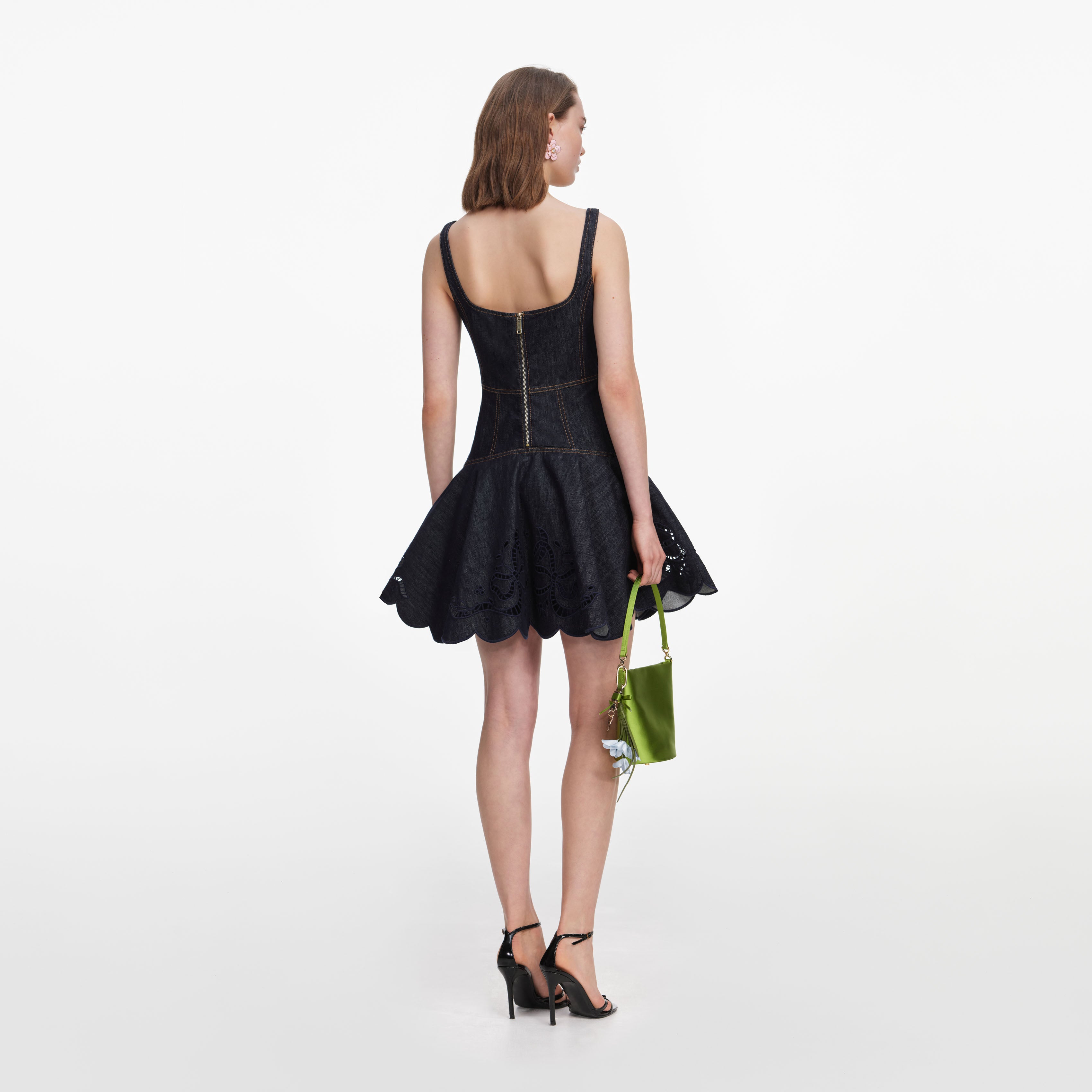 Indigo Denim Bow Embroidered Mini Dress