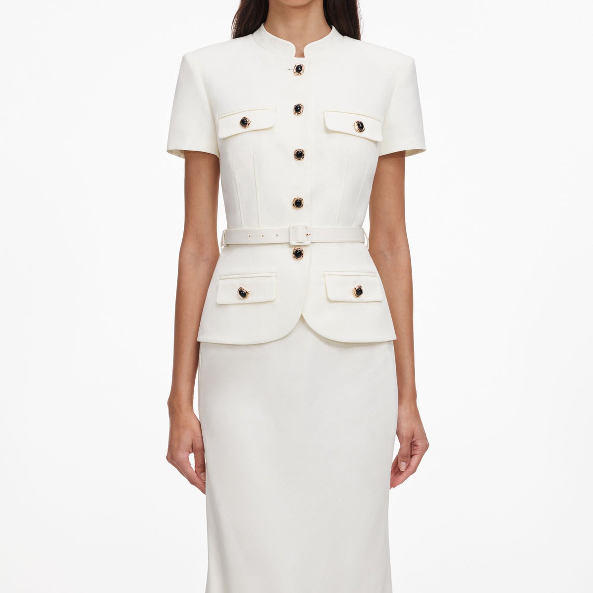 self portrait cream linen midi dress SELF PORTRAIT White Crepe Tailored Midi Dress 2 / White by Capsule Shop