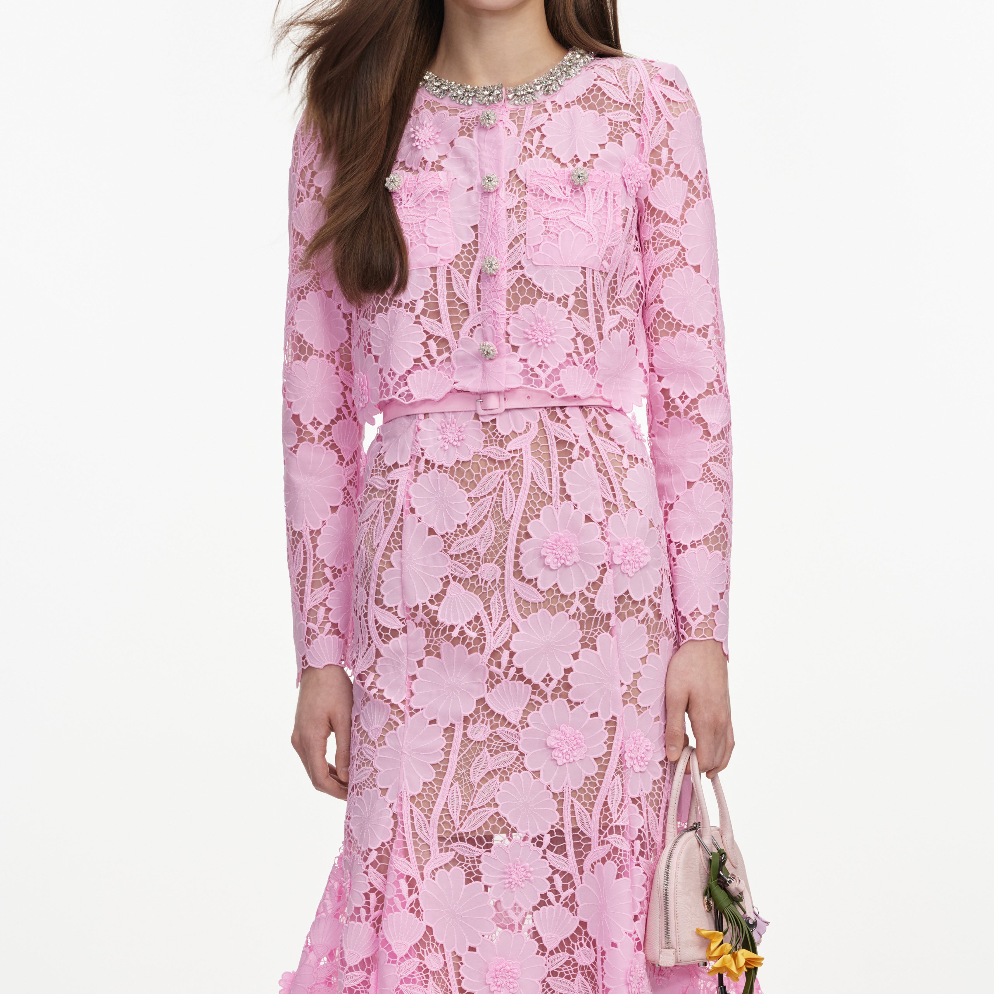 Pink Lace Crystal Embellished Midi Dress