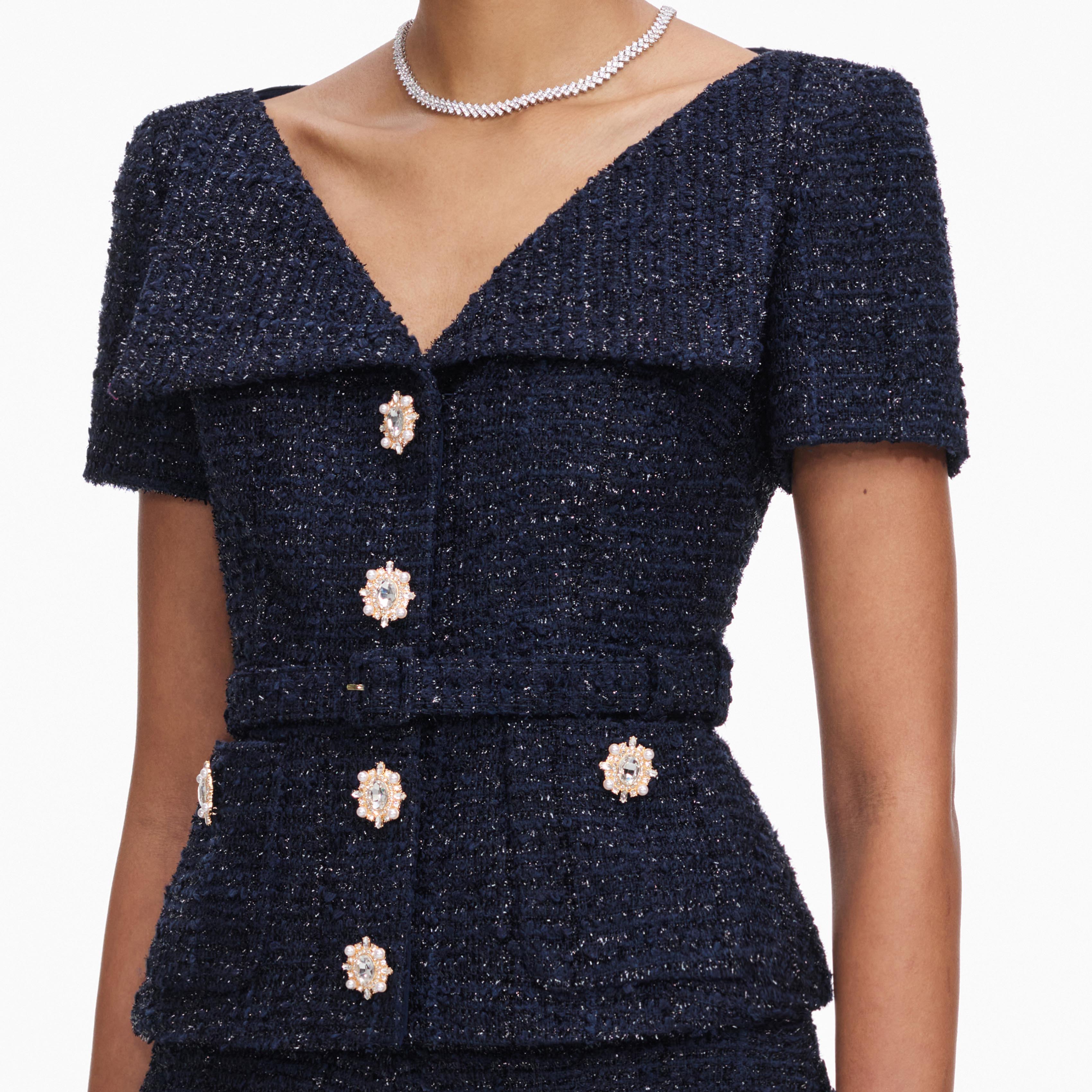 Navy Boucle Tailored Midi Dress